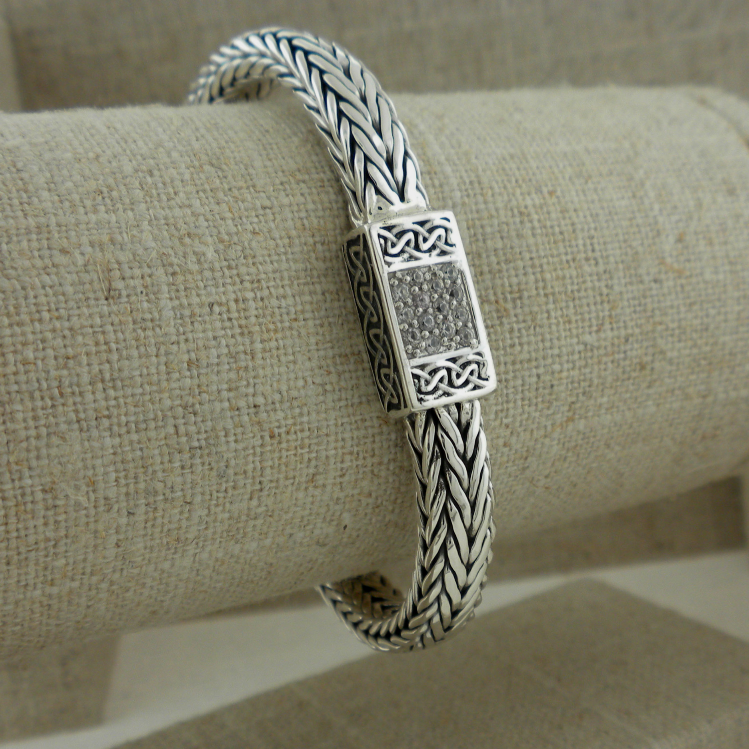 Sterling Silver Dragon Weave Bracelet with White Sapphires