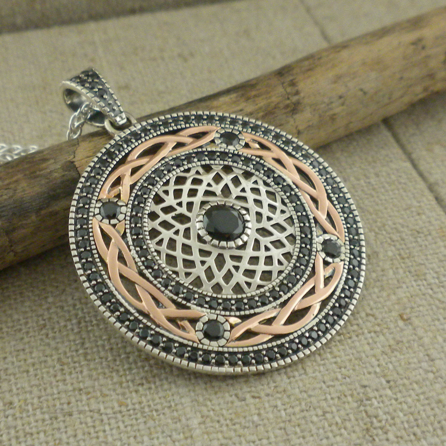 Oxidized Sterling Silver and 10K Rose Gold Norse Forge Brave Heart Pendant with Black CZs