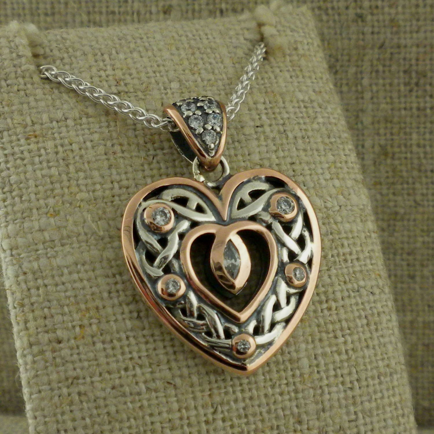 Sterling Silver &amp; 10K Rose Celtic Heart Pendant with CZs