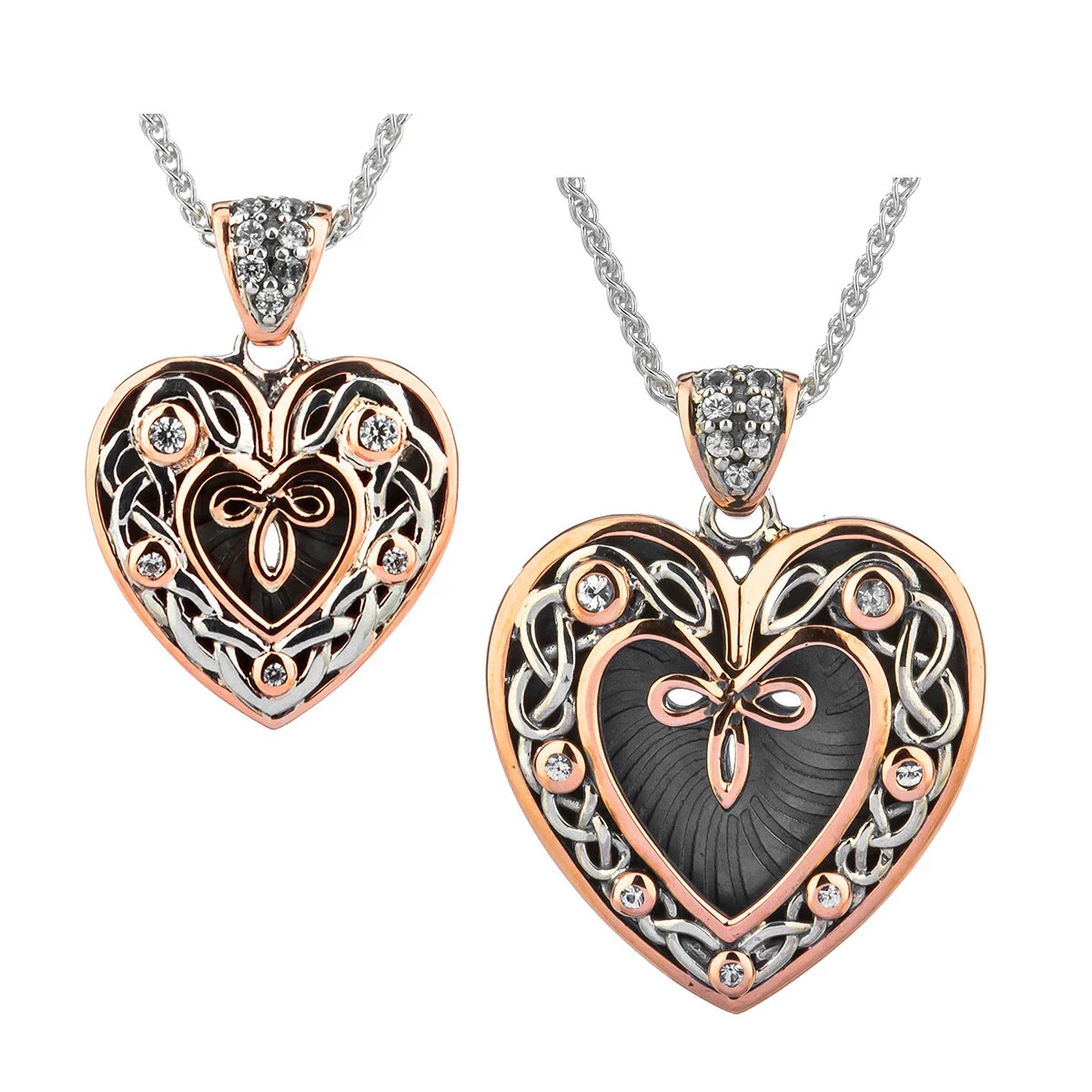 Sterling Silver &amp; 10K Rose Celtic Heart Pendant with White Sapphires or CZs