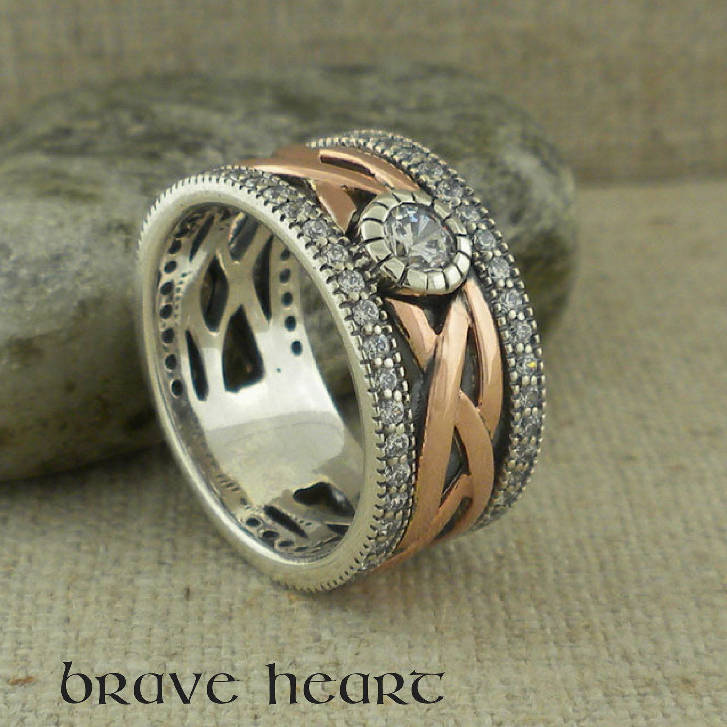 Celtic Brave Heart Ring Silver &amp; 10K Gold with CZ