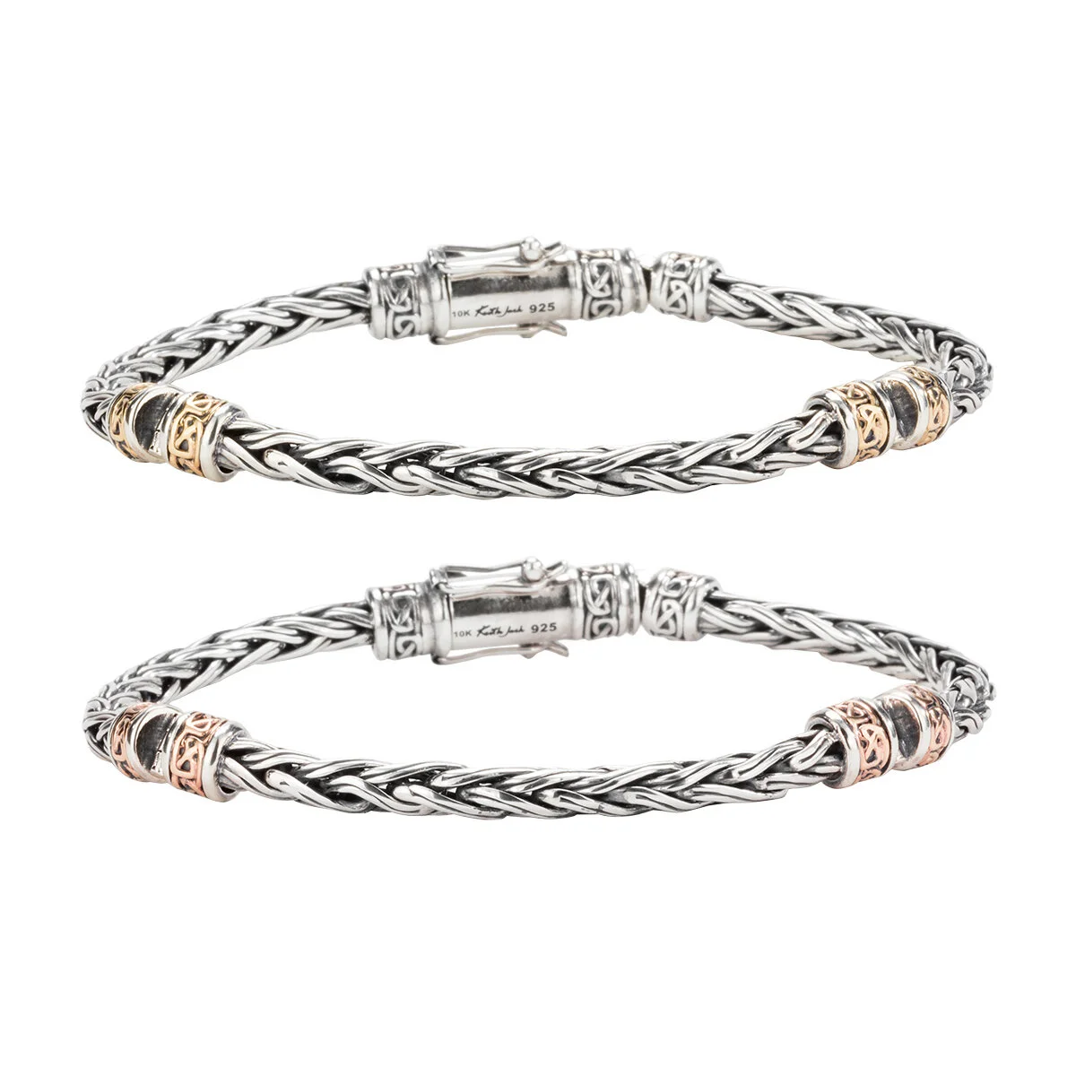 Sterling &amp; 10K Yellow or Rose Celtic Dragon Weave Wheat Link Bracelet with Hinges