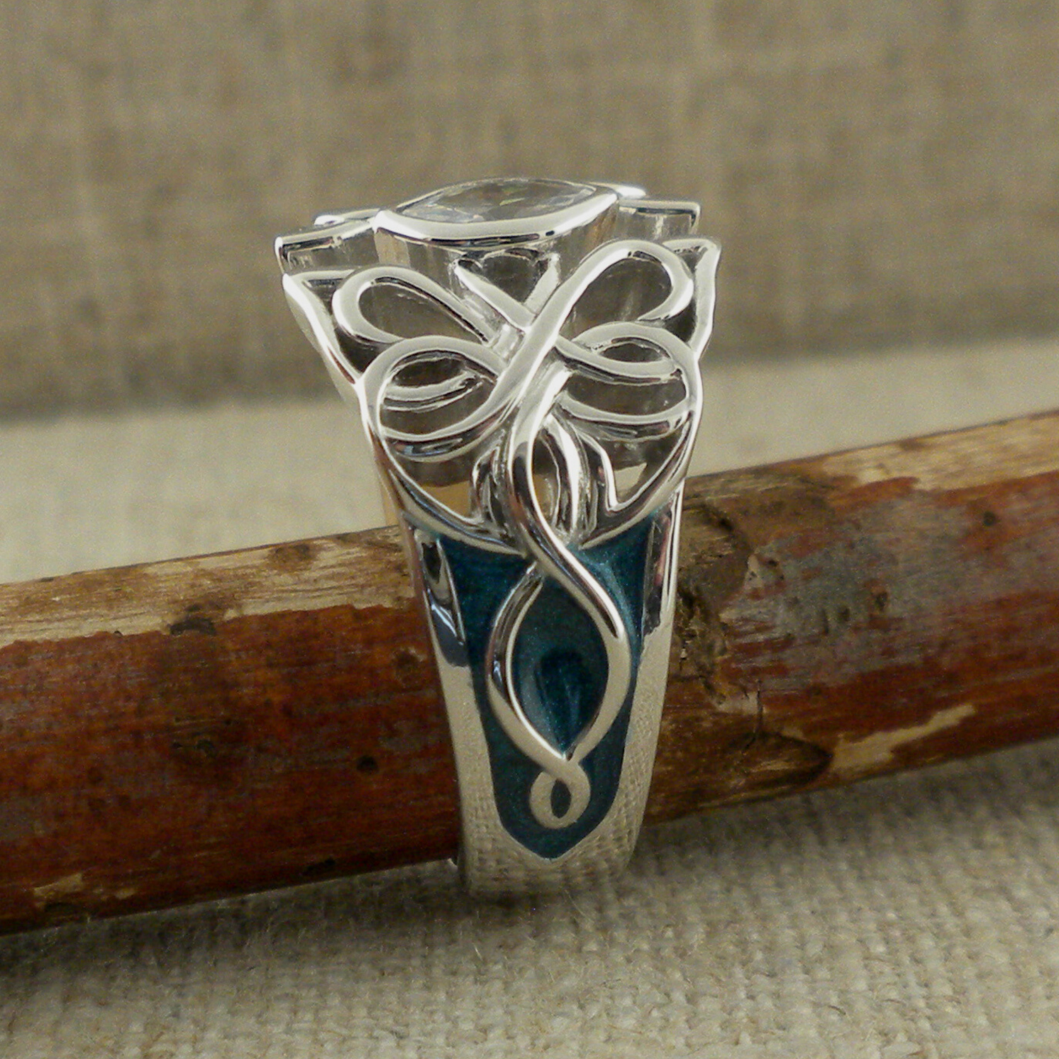 Sterling Silver, 10K &amp; Sky Blue Enamel Celtic Butterfly Ring