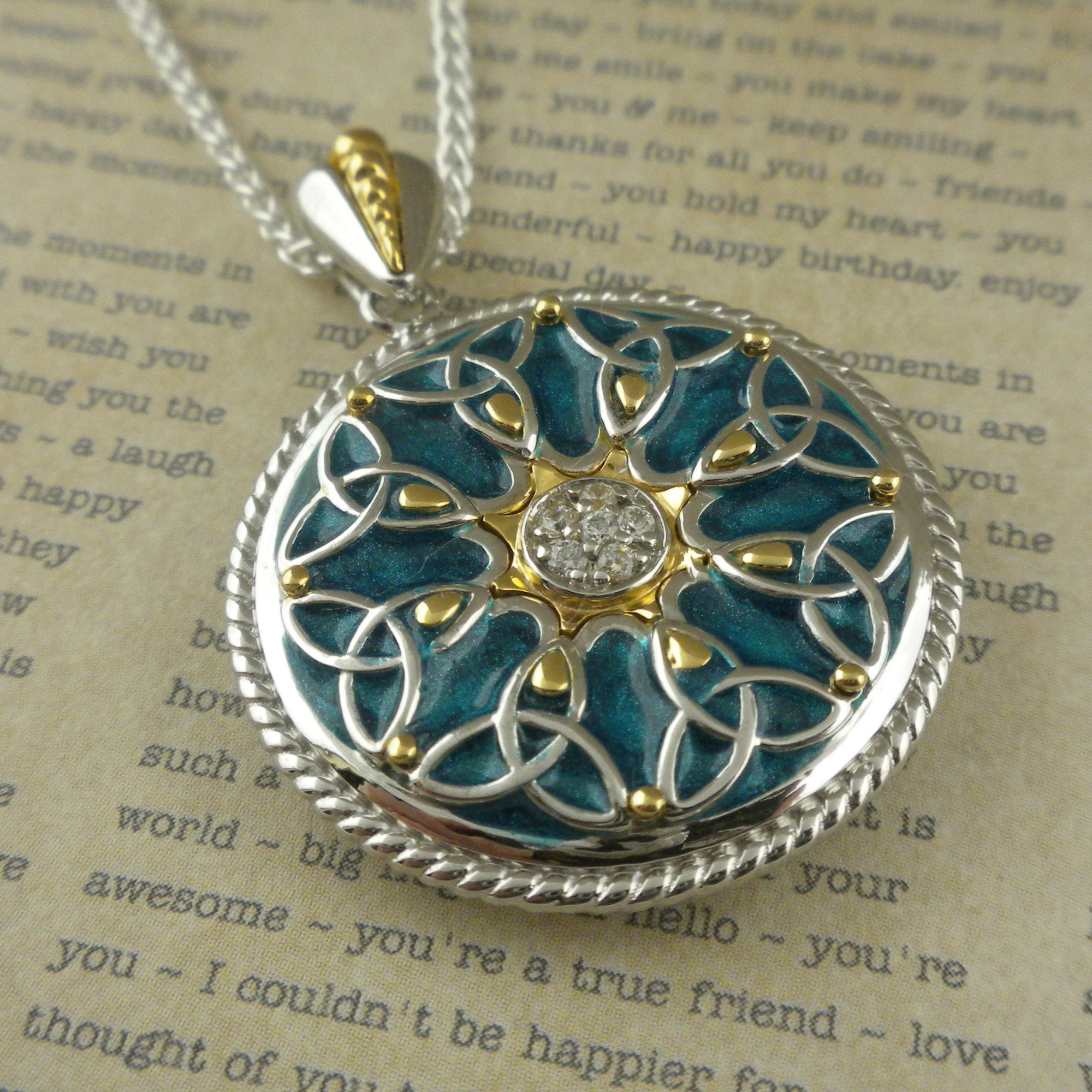 Sterling Silver &amp; 10K Trinity Knot Pendant with Blue Enamel
