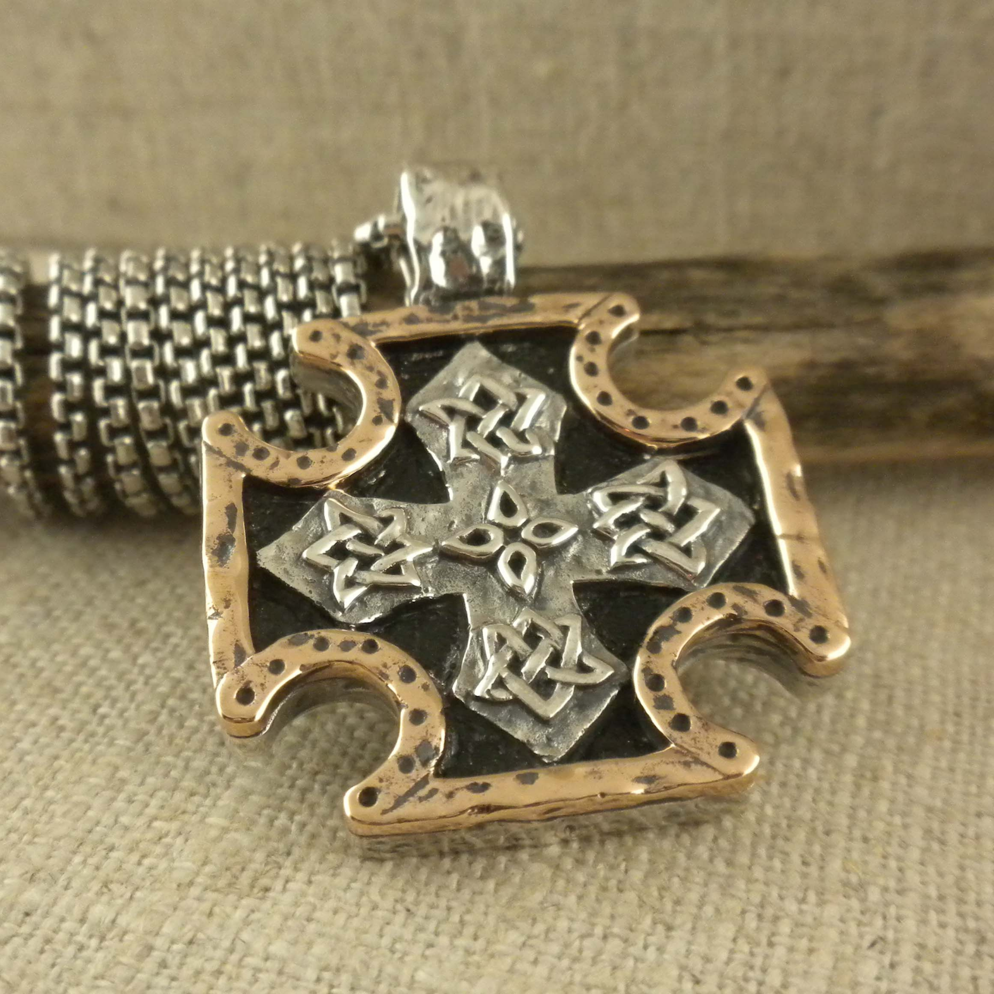 Bronze and Sterling Silver Celtic Biker Cross Pendant