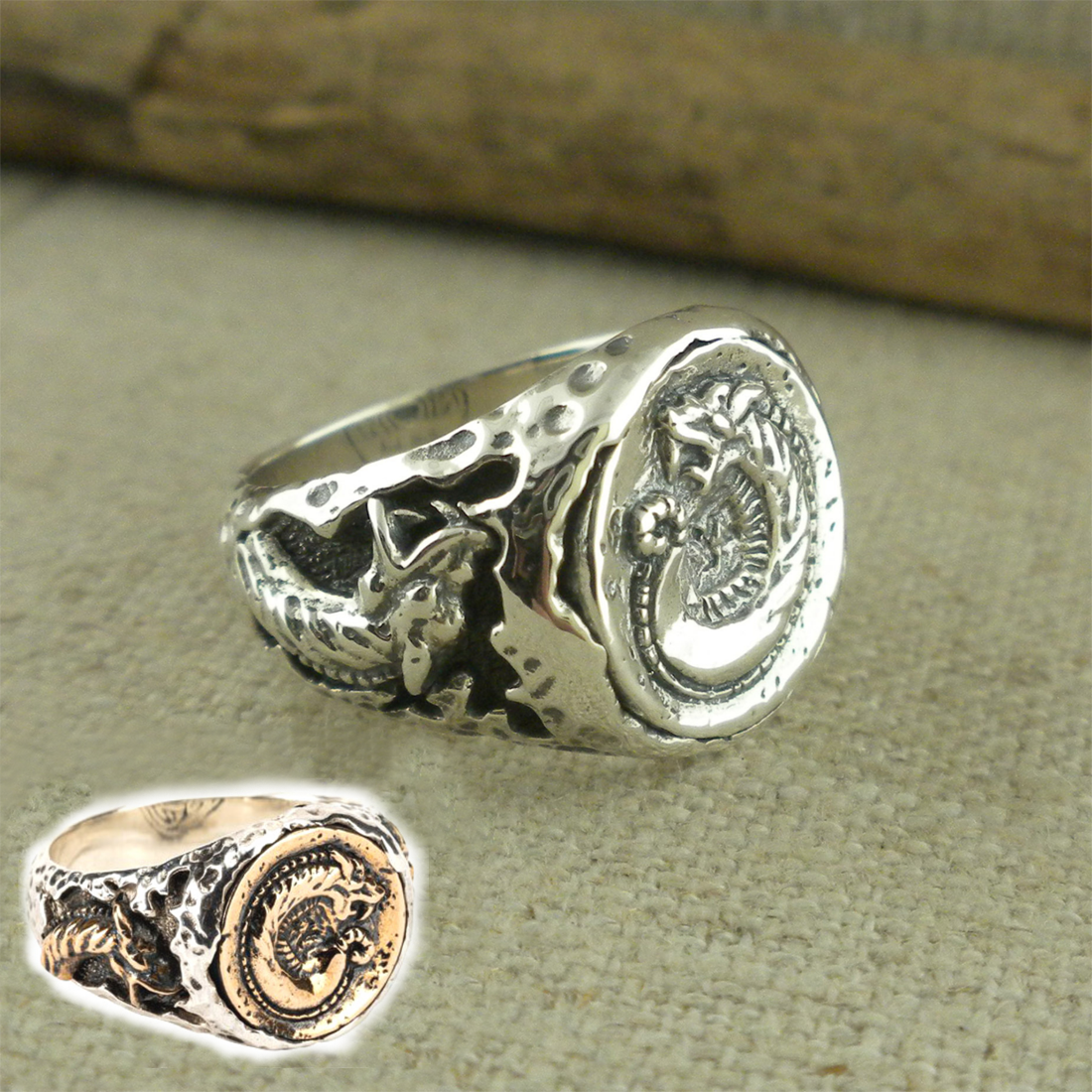 All Sterling or Sterling &amp; Bronze Dragon Ring