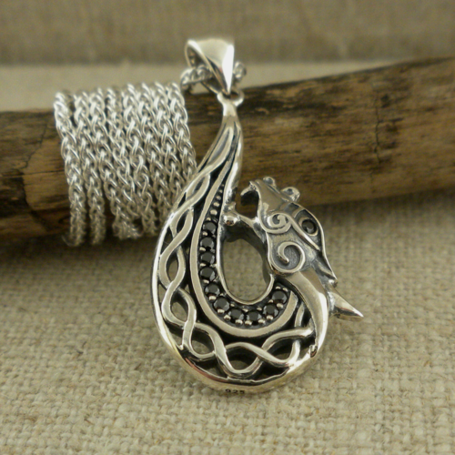 Sterling Silver Celtic Dragon Pendant with black CZs by Keith Jack