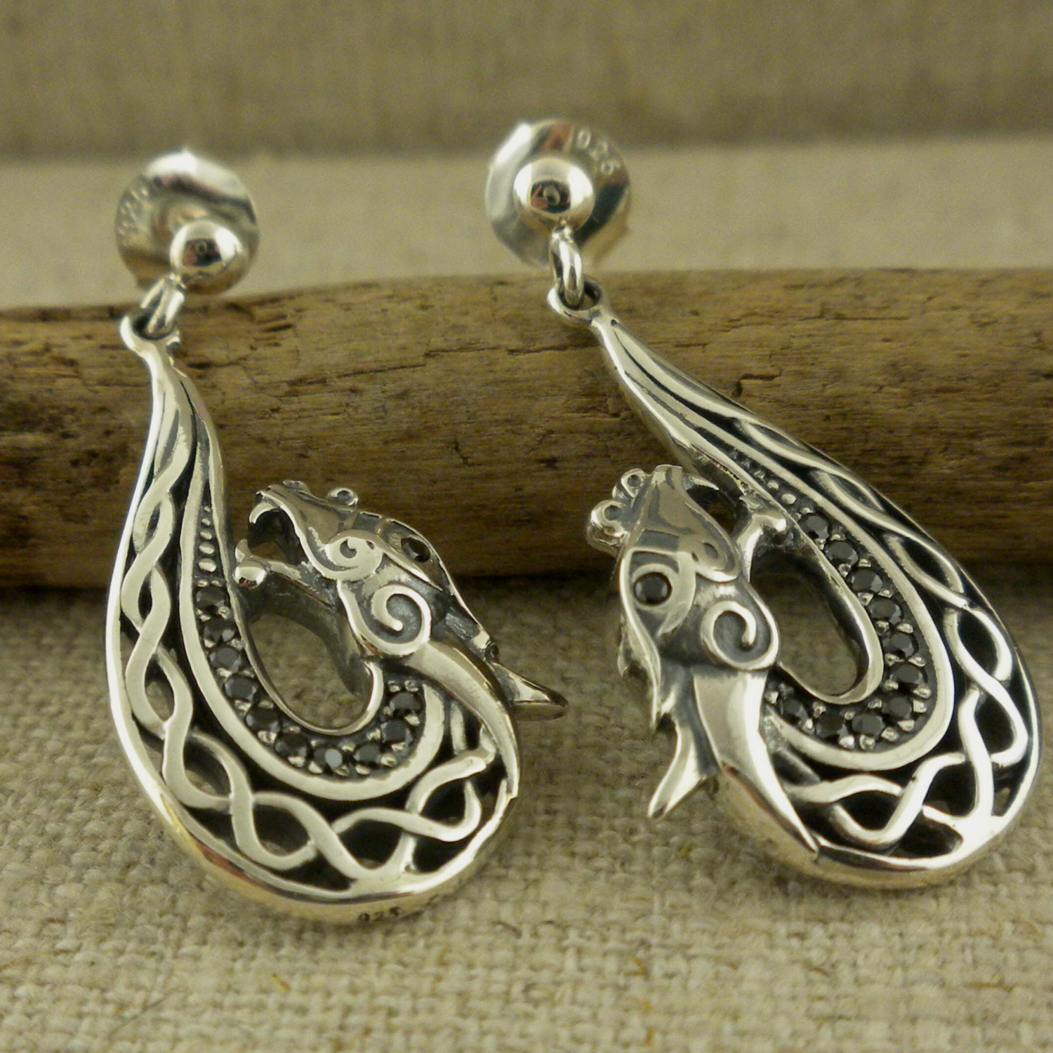 Sterling Silver Celtic Dragon Earrings with black CZs by Keith Jack