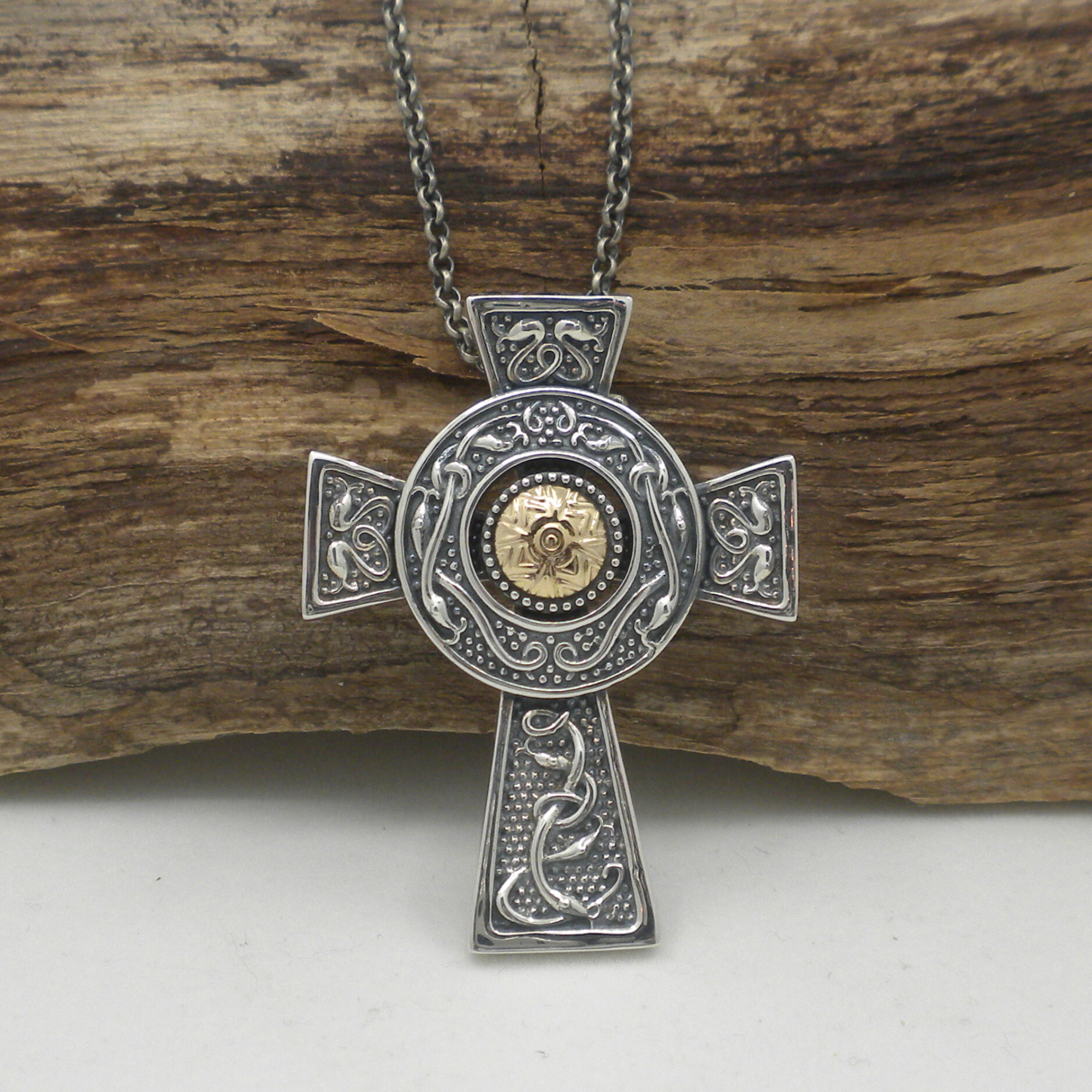 Large Wood Quay Oxidized Celtic Cross 18k Gold Bead