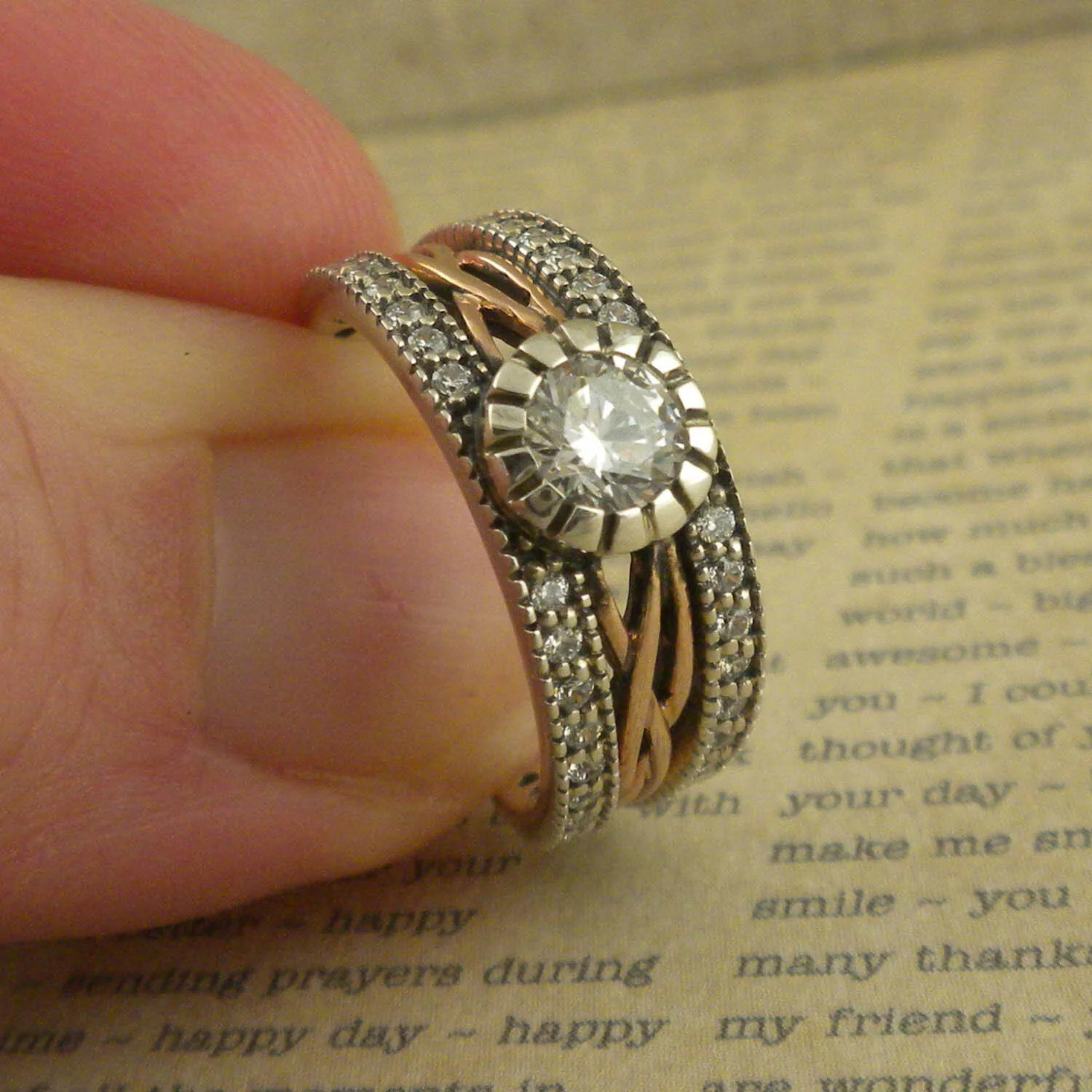 Celtic Brave Heart Ring Silver &amp; 10K Rose Gold with CZs