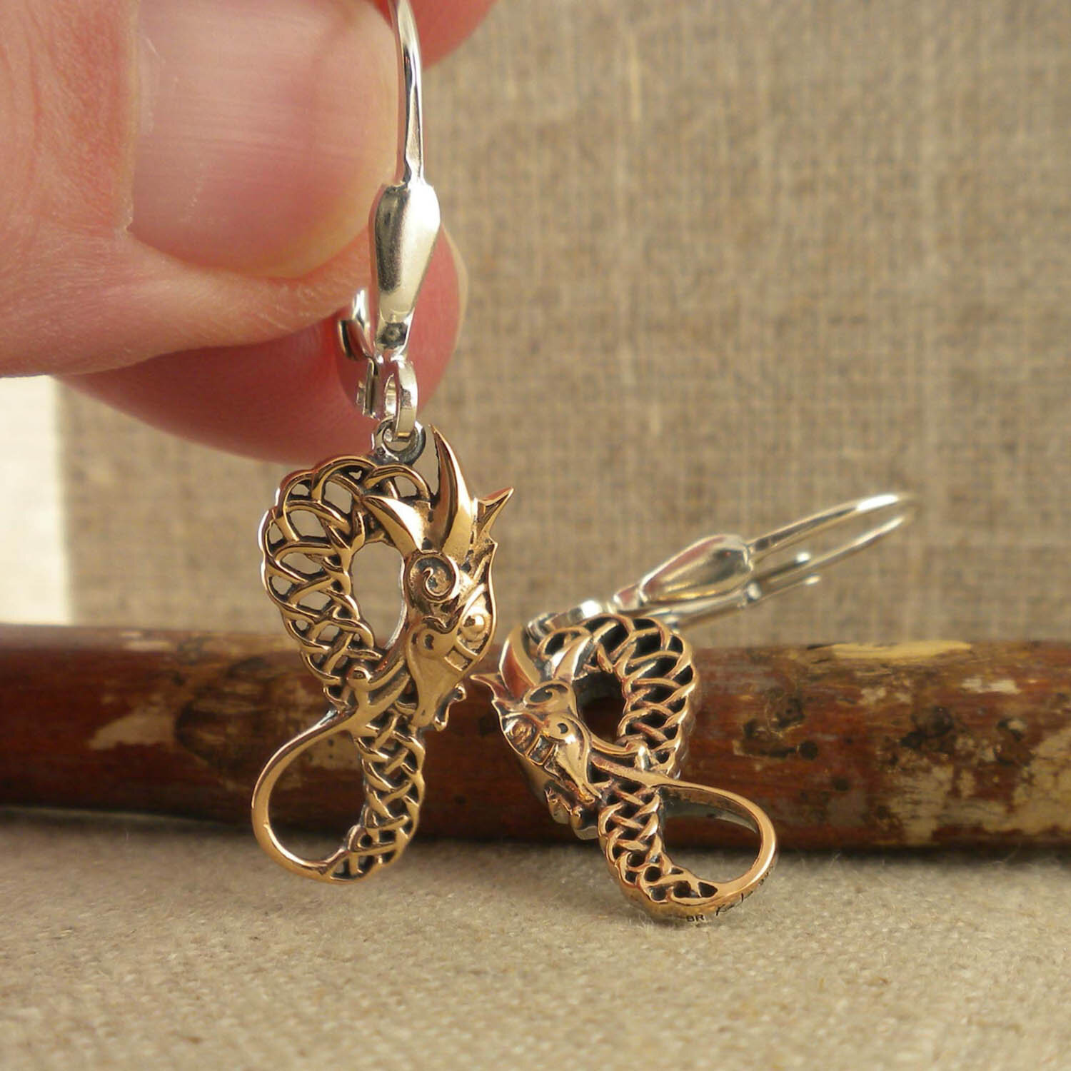 Bronze and Sterling Silver Celtic Dragon Earrings