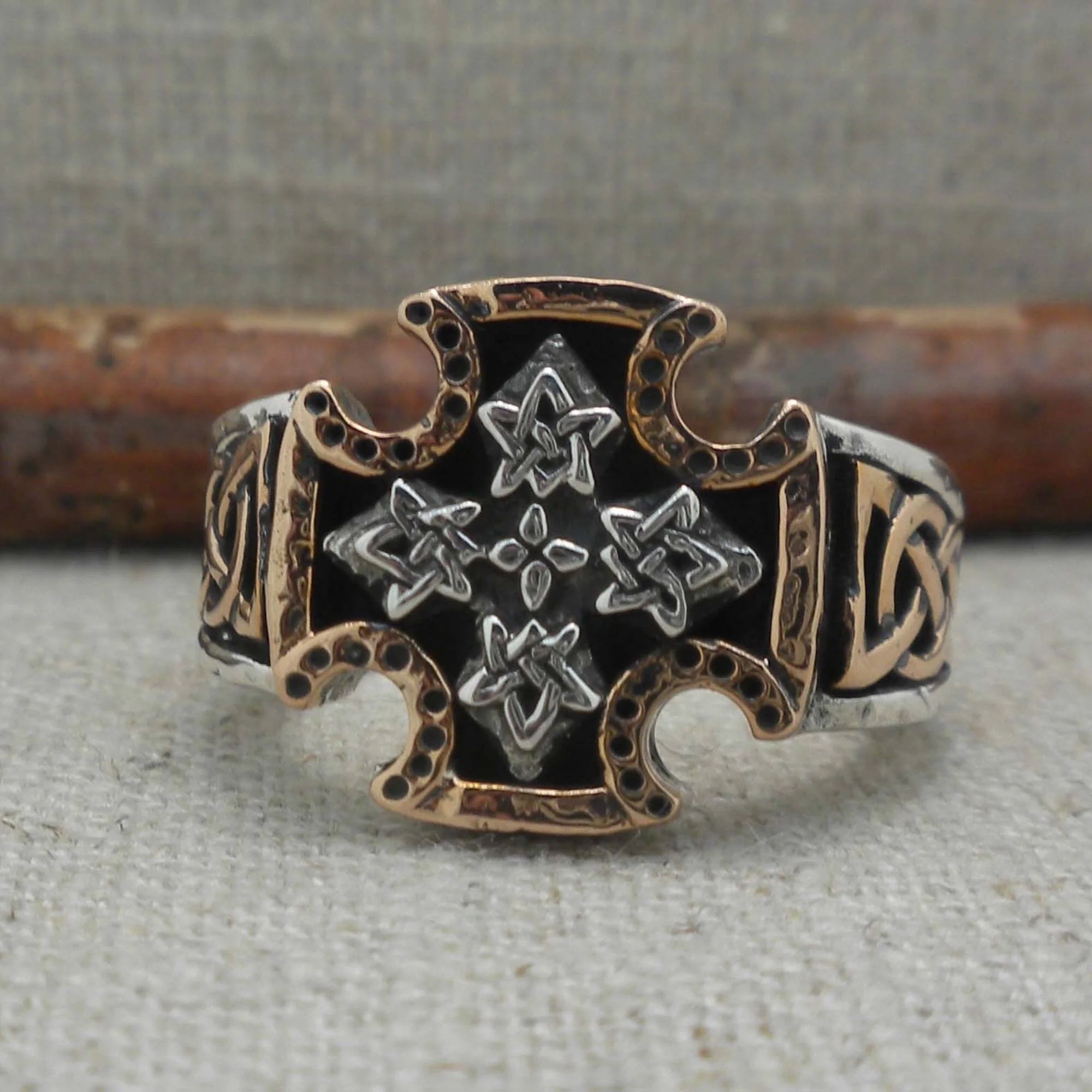 Bronze and Sterling Silver Celtic Biker Cross Ring
