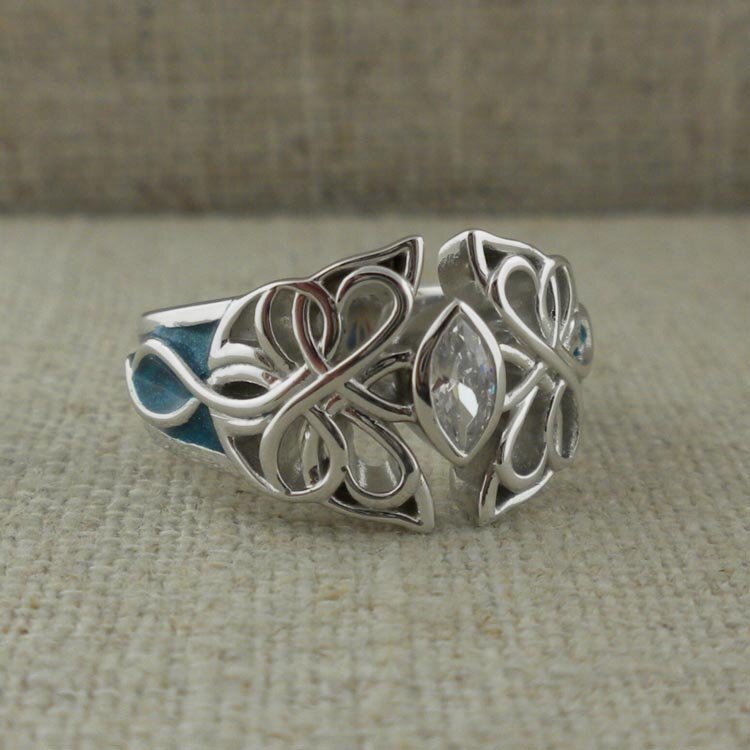 Sterling Silver, 10K &amp; Sky Blue Enamel Celtic Butterfly Ring