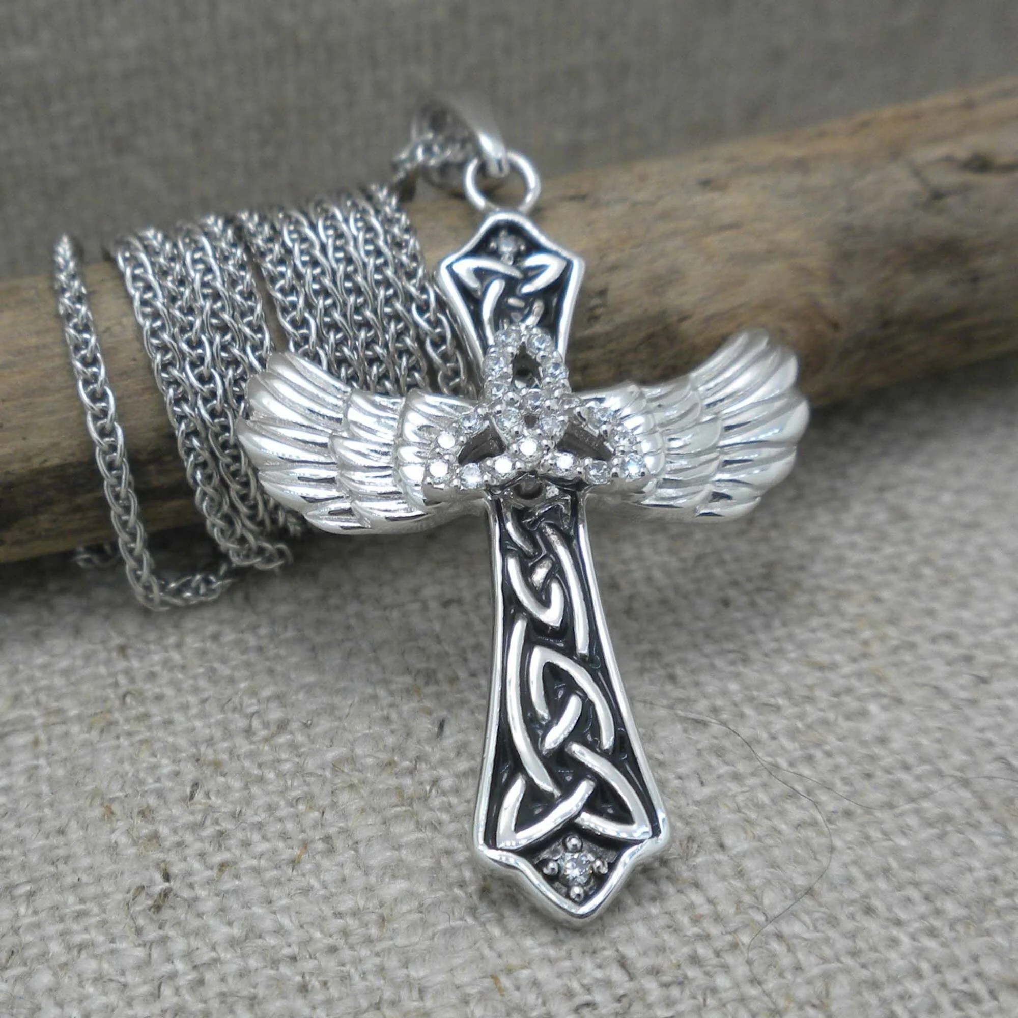 Trinity Knot Cross with Angel Wings &amp; CZs