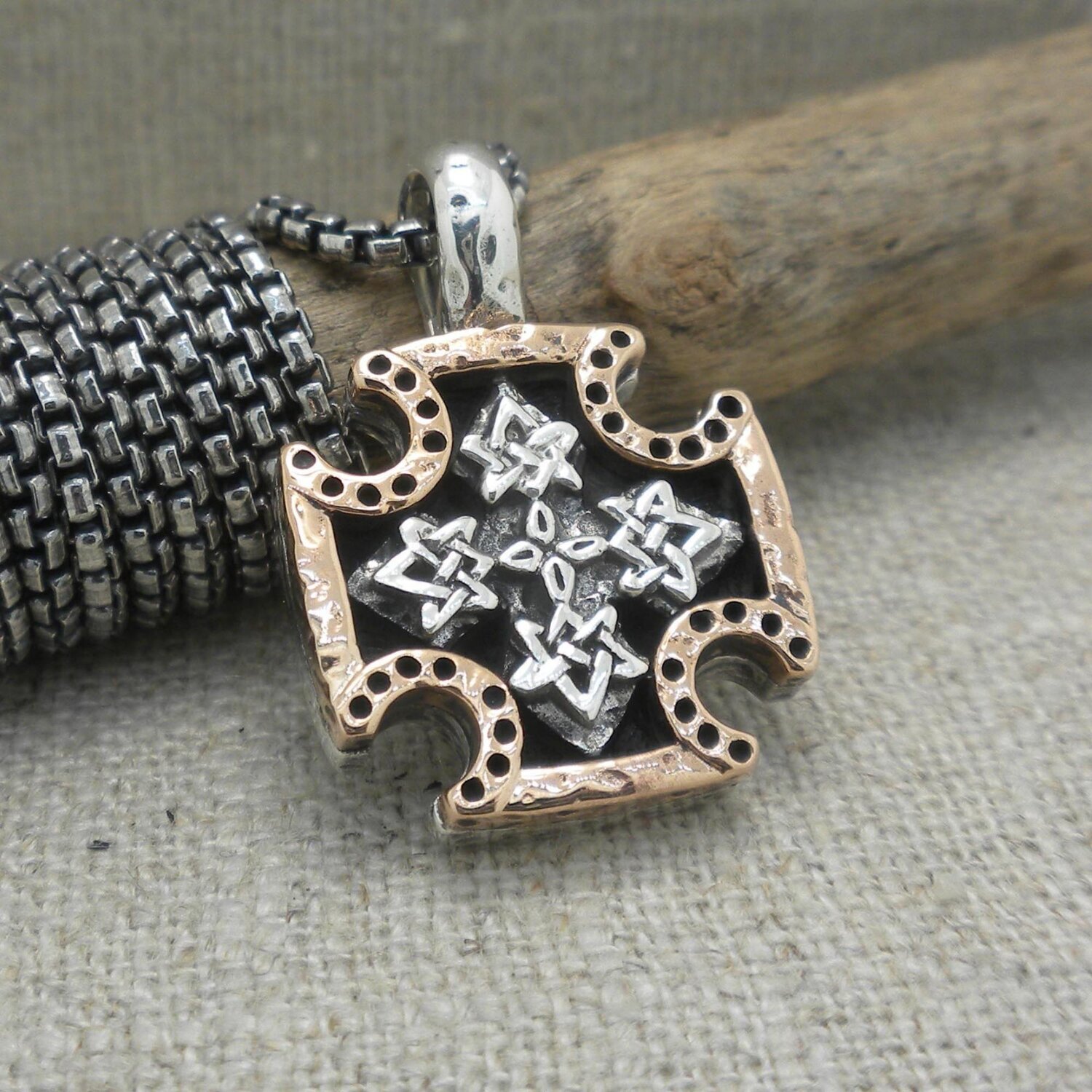Small Bronze and Sterling Silver Celtic Biker Cross Pendant