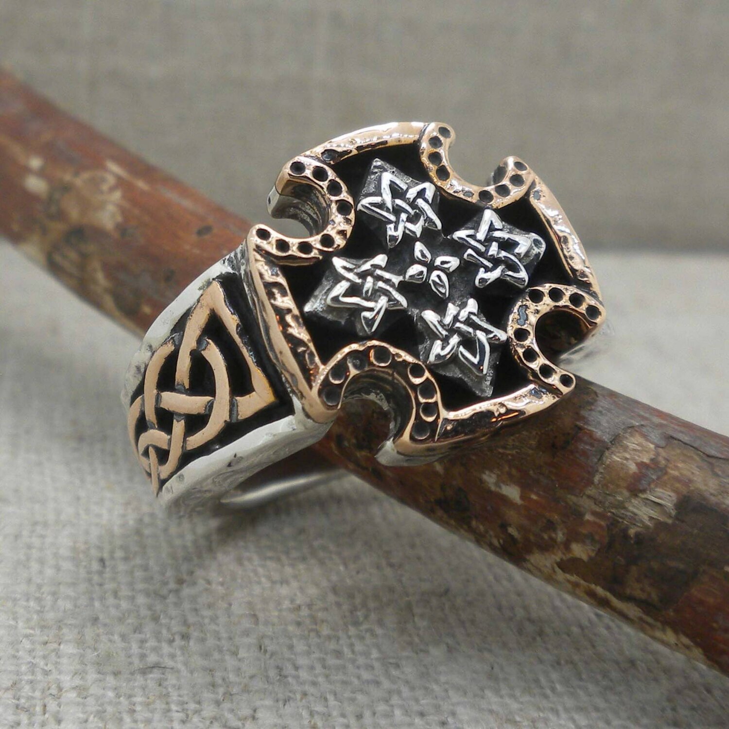 Bronze and Sterling Silver Celtic Biker Cross Ring