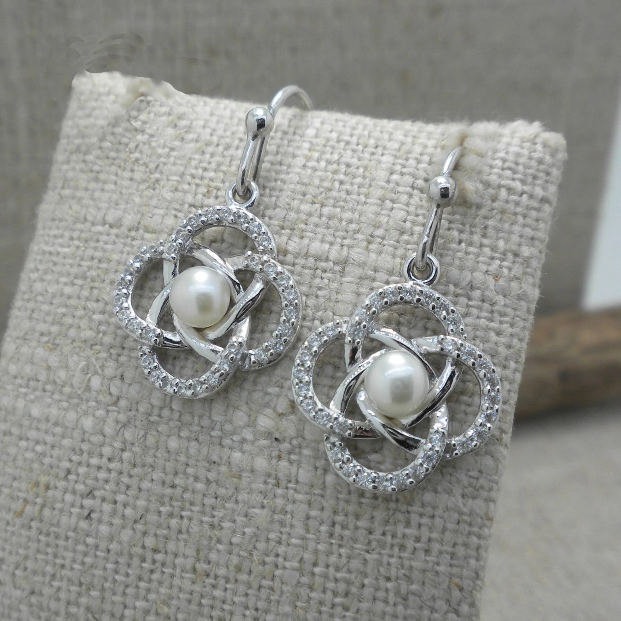 Sterling Silver Celtic Earrings with  Pearl &amp; CZs