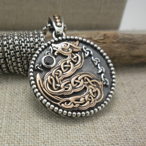 Bronze and Sterling Silver Celtic Dragon Medallion