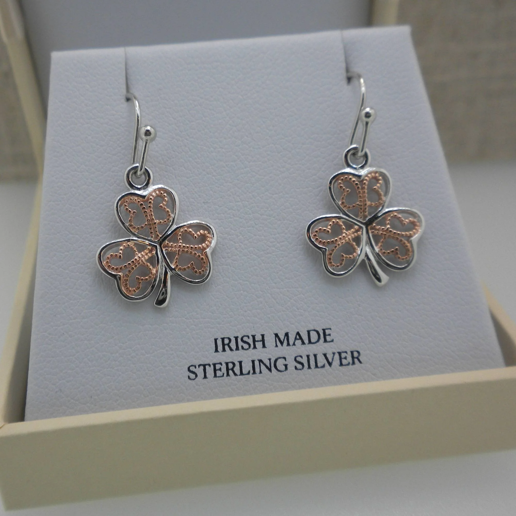 Silver Shamrock Earrings with Rose  Gold Filigree