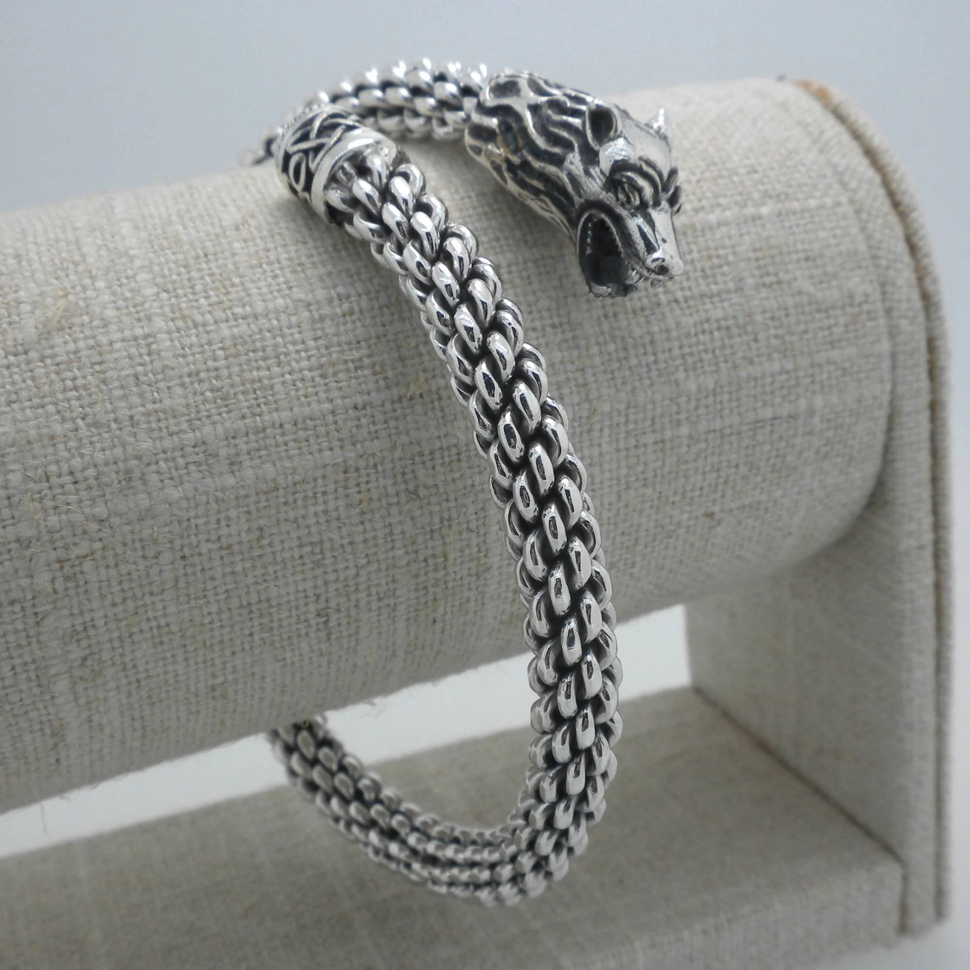 Sterling Silver Celtic Wolf &amp; Weave Torc Bracelet