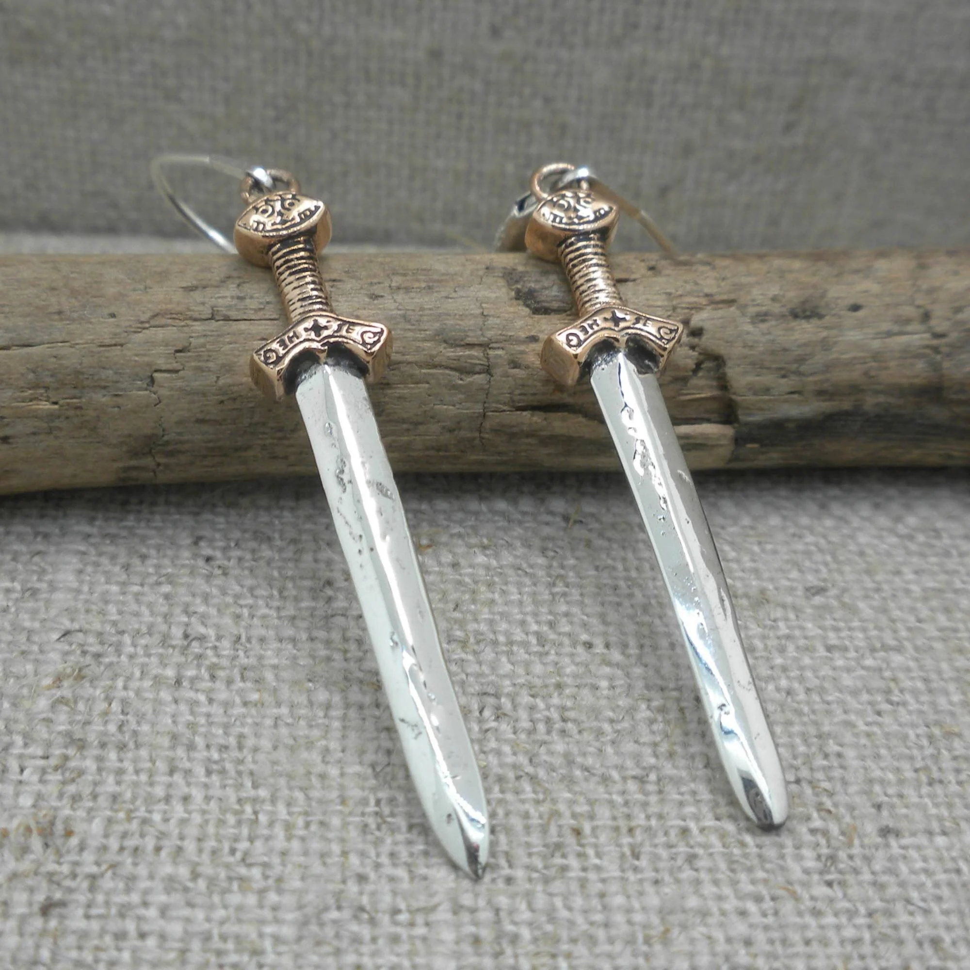 Bronze and Sterling Silver Viking Sword Earrings