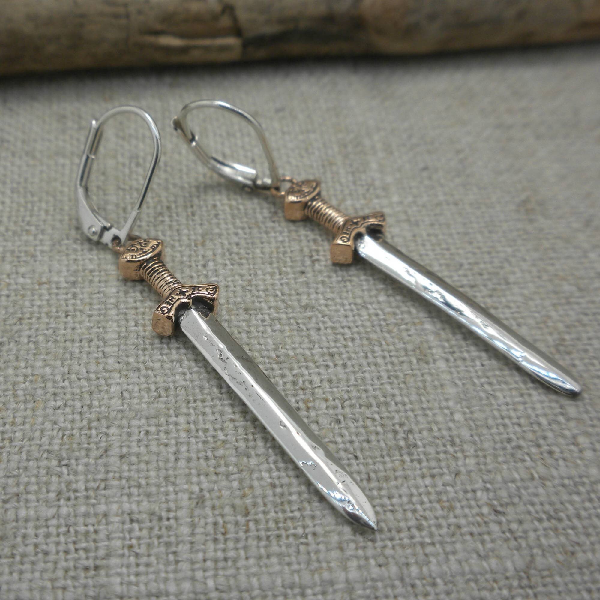 Bronze and Sterling Silver Viking Sword Earrings