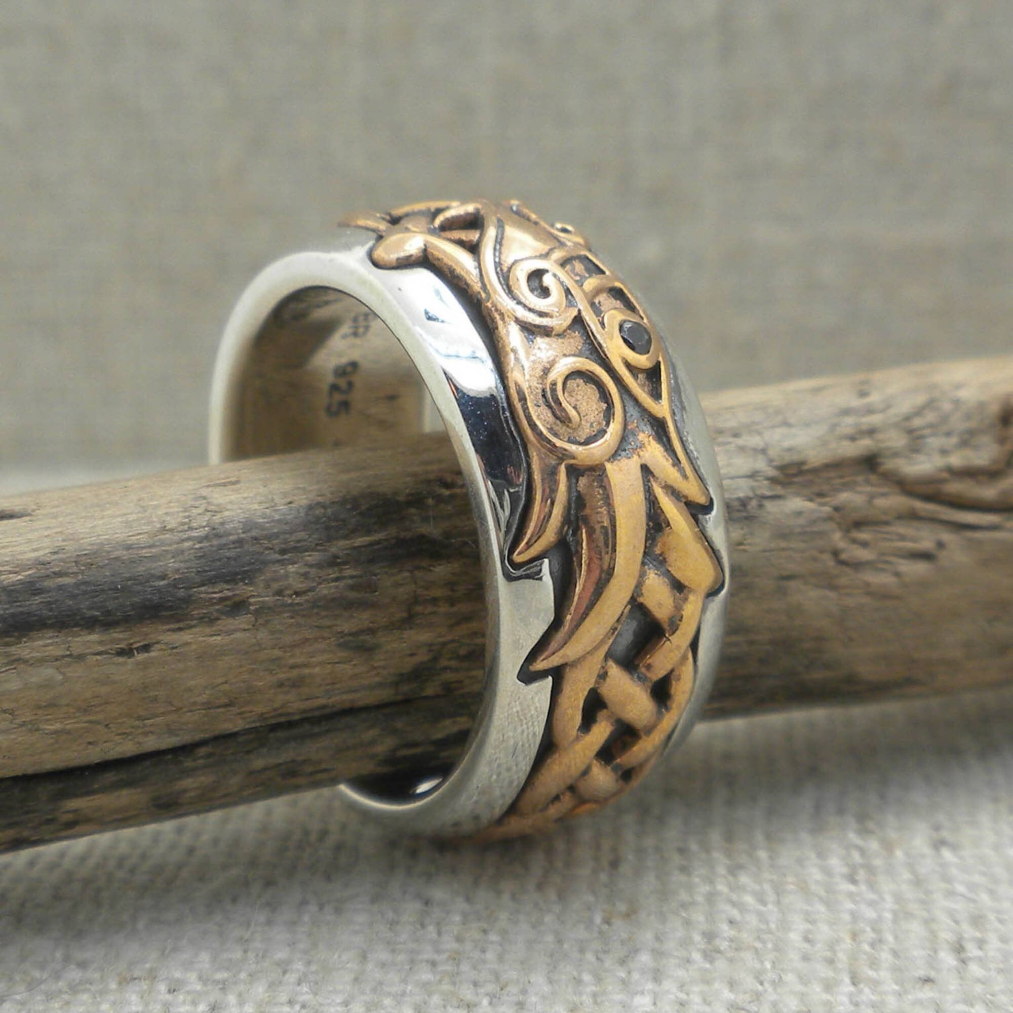 Bronze and Sterling Silver Celtic Dragon Ring