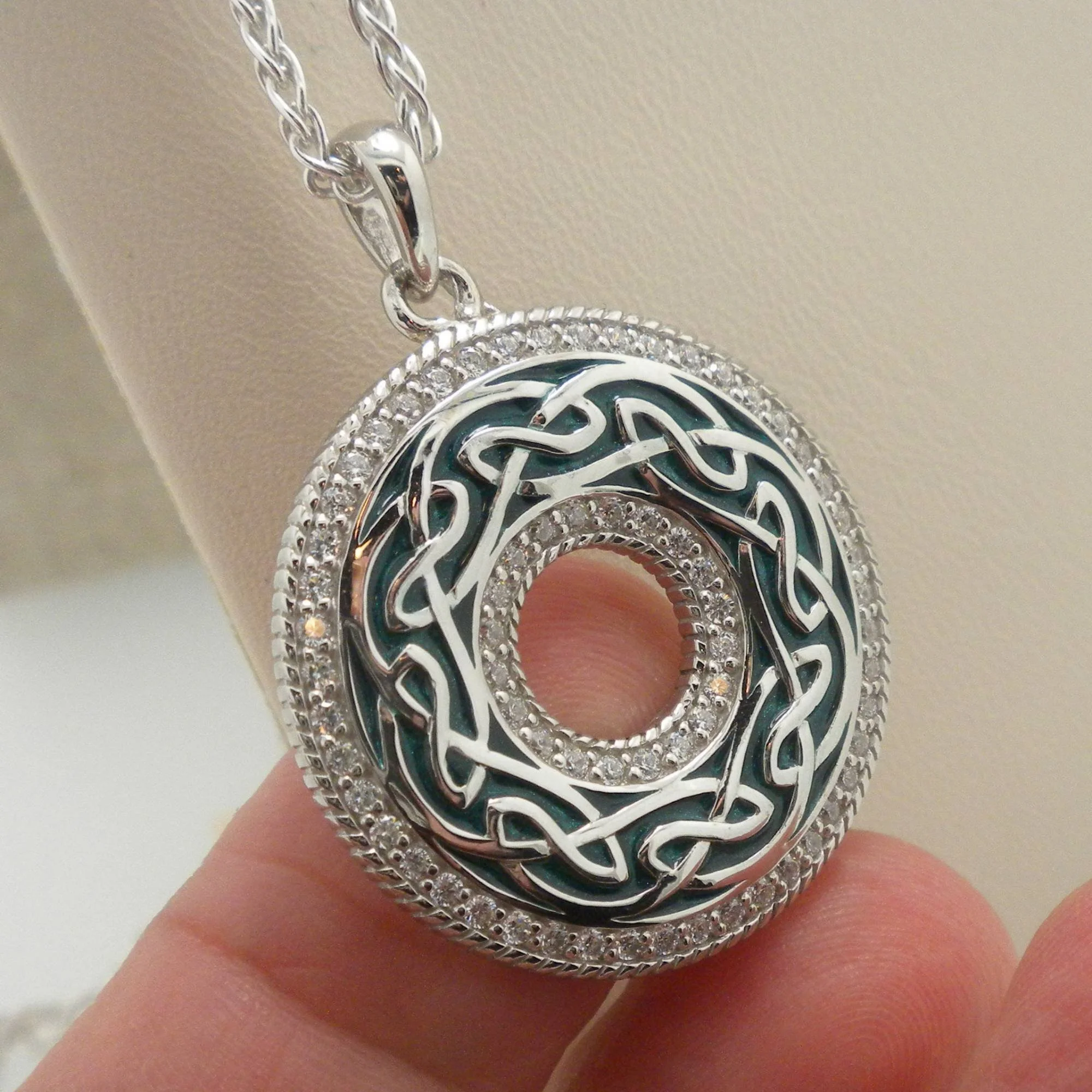 Round Celtic Window to the Soul Pendant Green Enamel