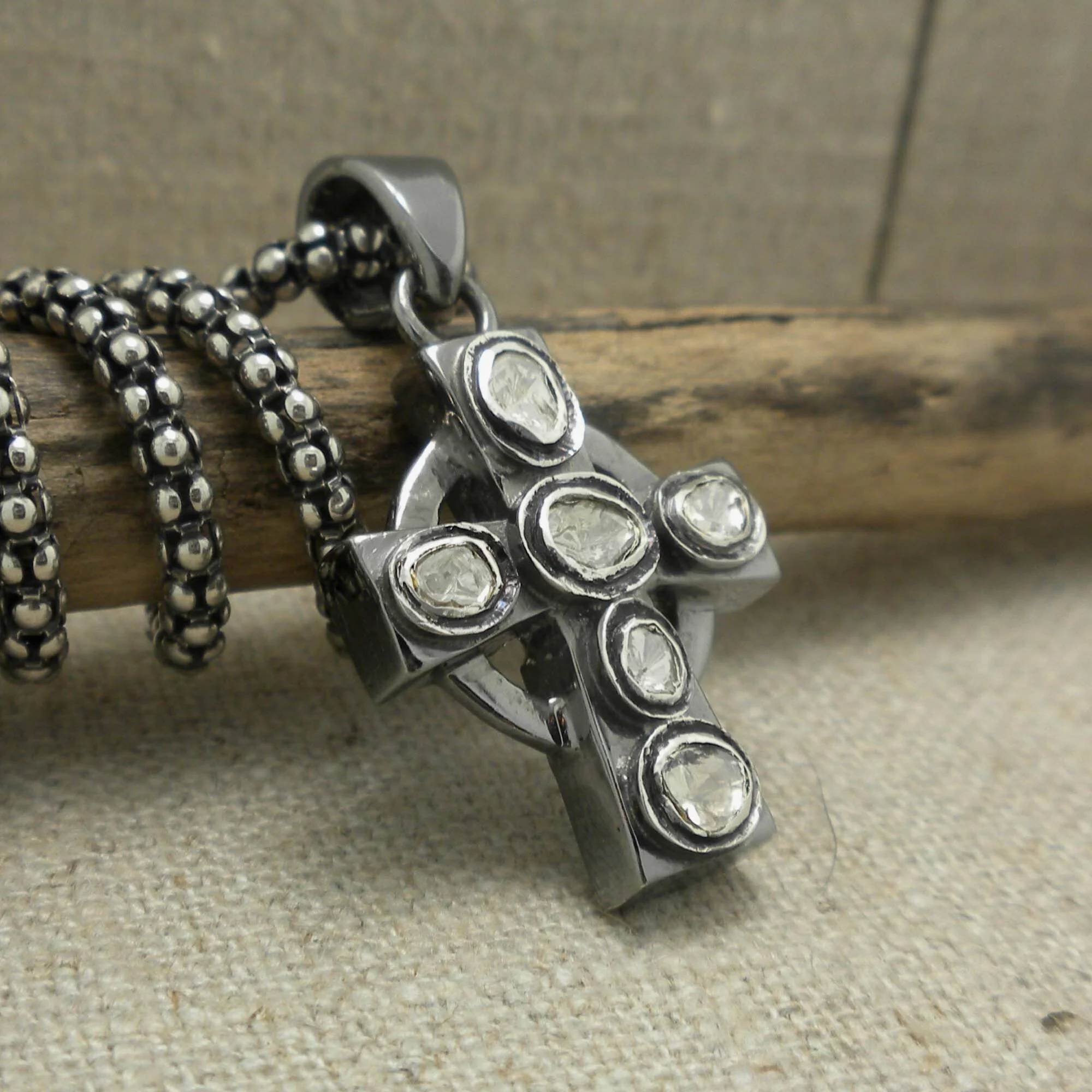 Sterling Silver Raw Diamond Cross Pendant