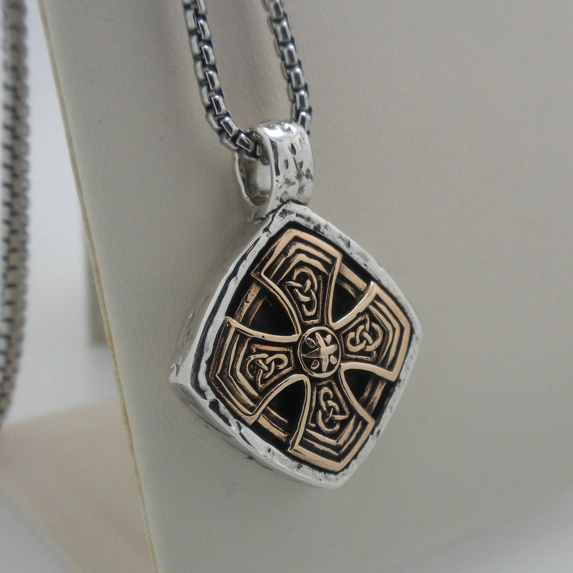 Large Bronze and Sterling Silver Cushion Celtic Cross Pendant