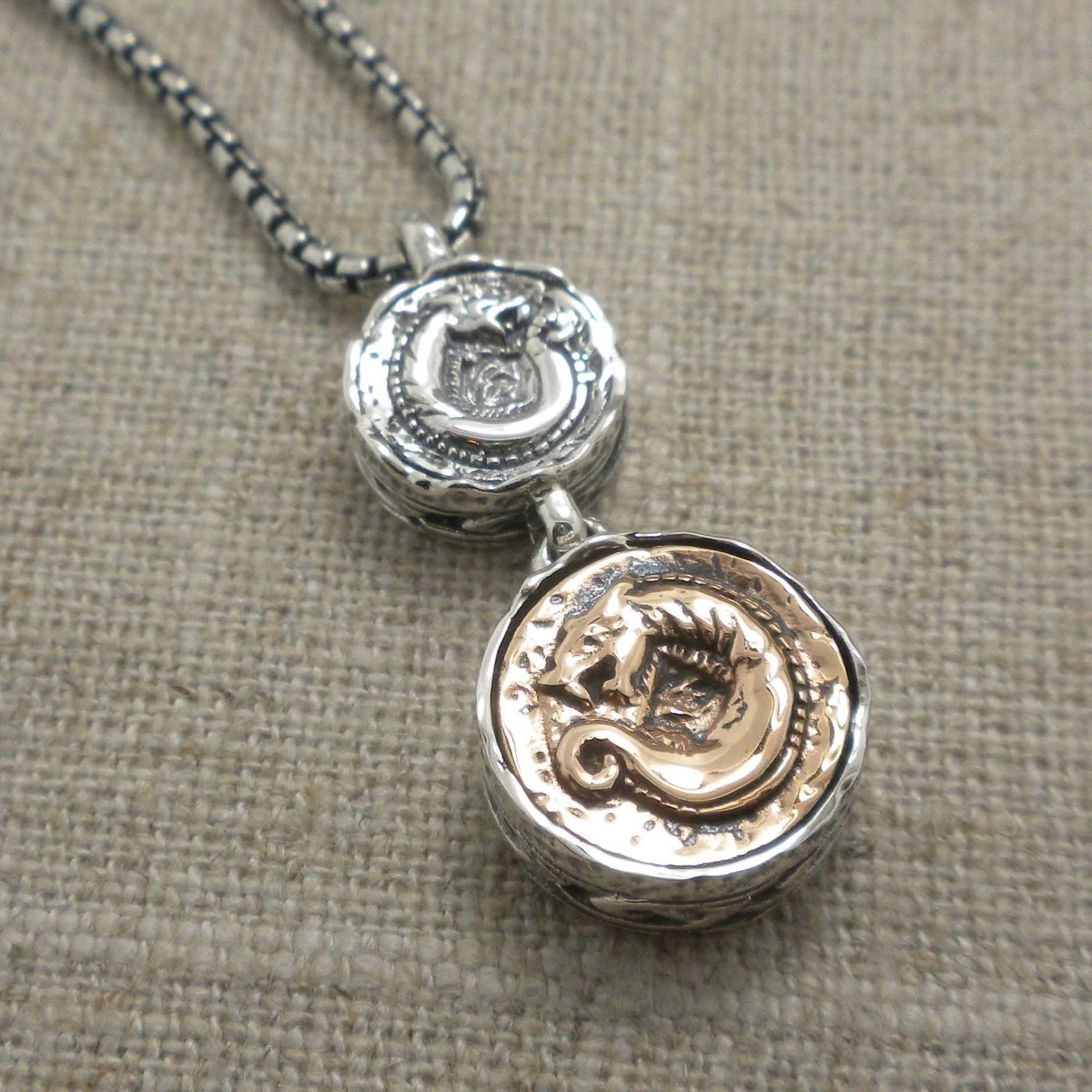 Bronze and Sterling Silver Double Dragon Spirit Pendant