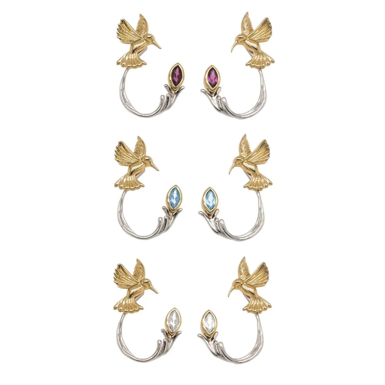 Sterling and 10K Hummingbird Earrings with Gems
