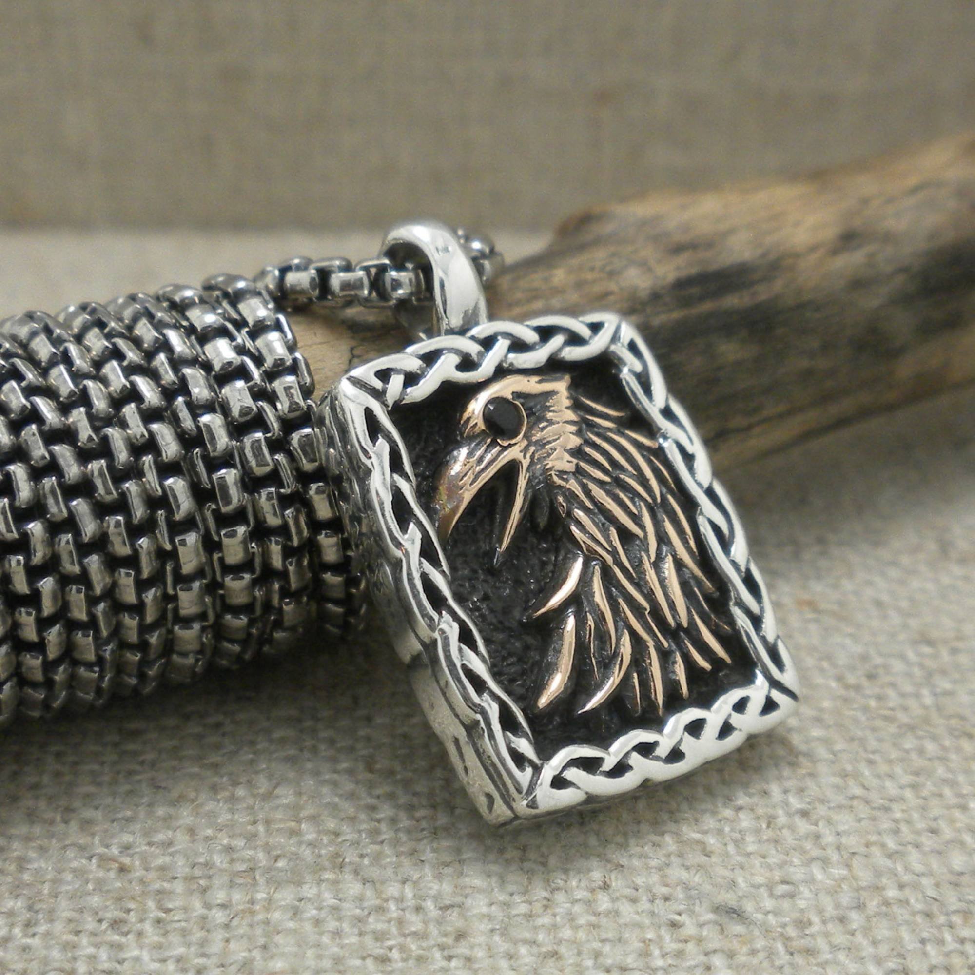 Sterling Silver and Bronze Norse Raven Pendant