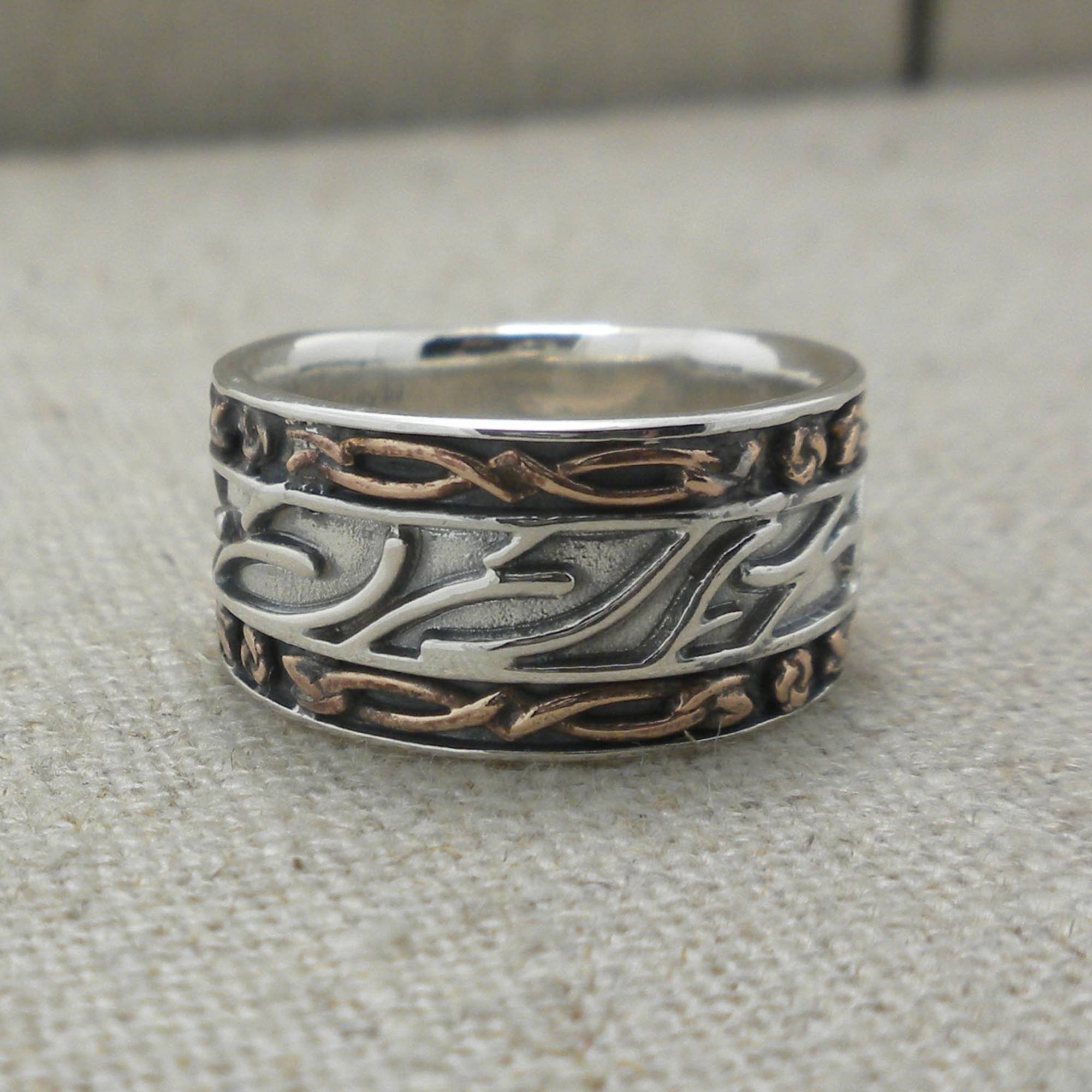 Wide Sterling Silver &amp; Bronze Cernunnos (God of the Wild) Ring