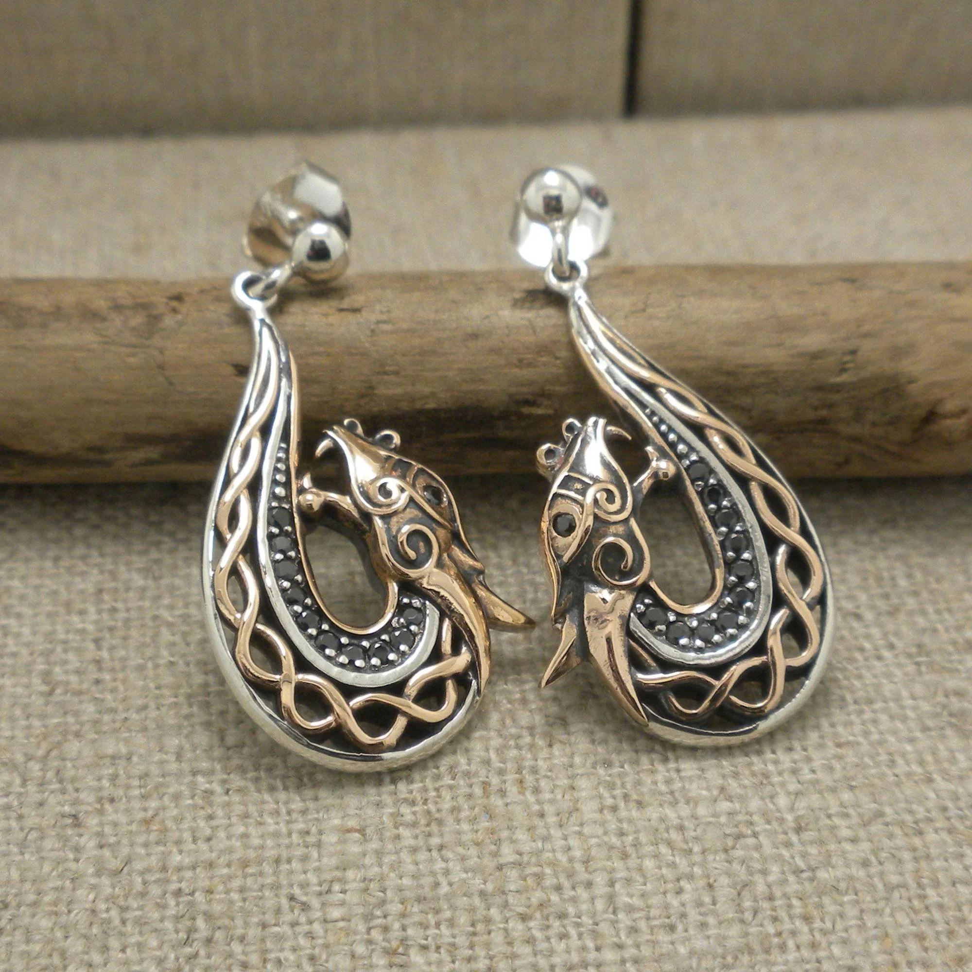 Sterling Silver & Bronze Celtic Dragon Earrings with Black CZs by Keith Jack