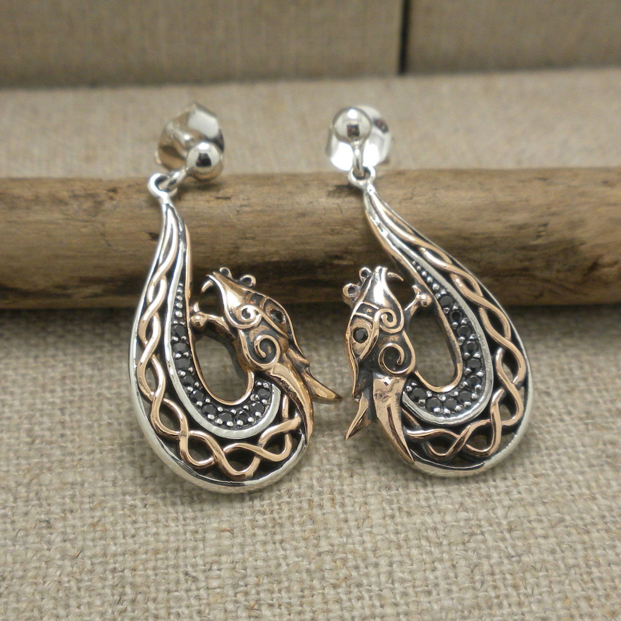 Sterling Silver &amp; Bronze Celtic Dragon Earrings with Black CZs by Keith Jack