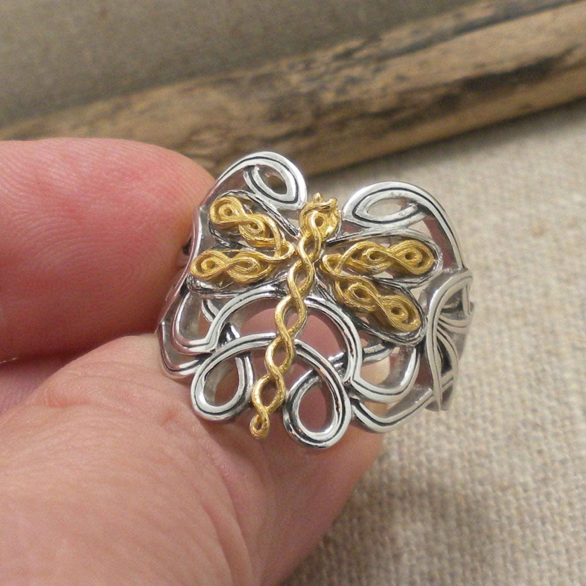 Sterling Silver &amp; 10K Dragonfly Ring