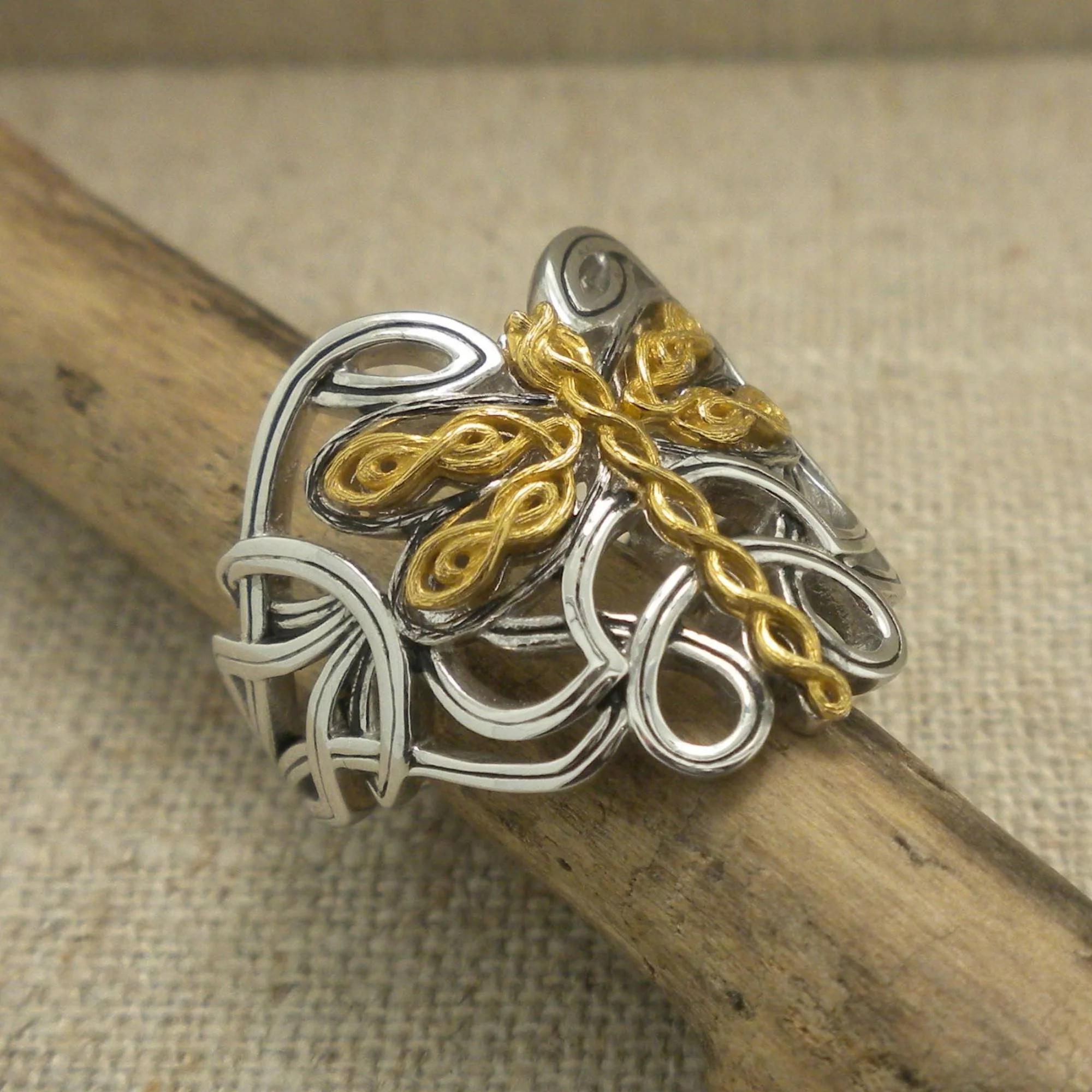 Sterling Silver & 10K Celtic Dragonfly Ring