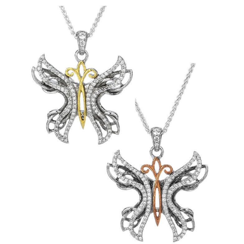Sterling Silver and 10K  Yellow or Rose Butterfly Pendant with CZs