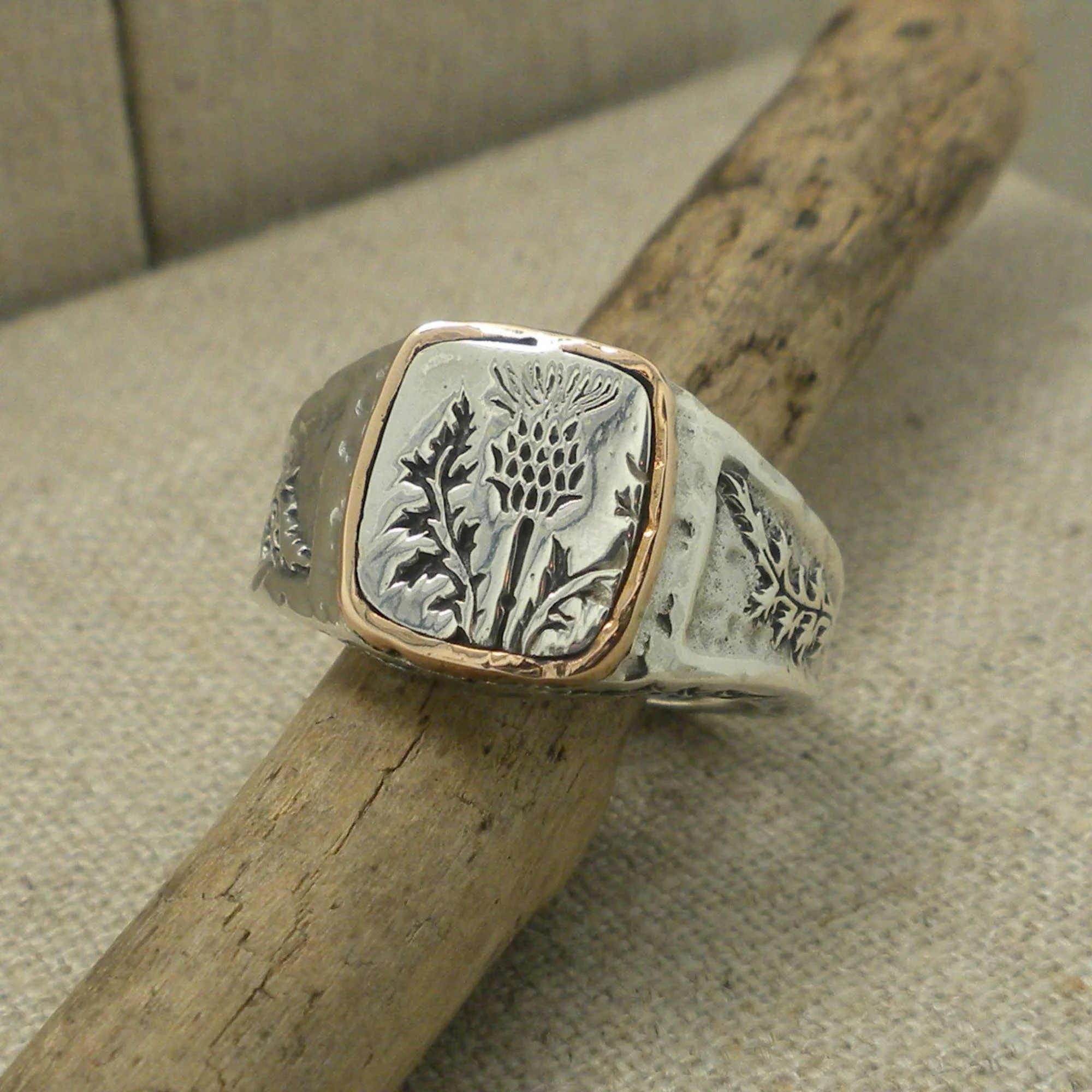 Bronze and Sterling Silver Scottish Thistle Signet Ring