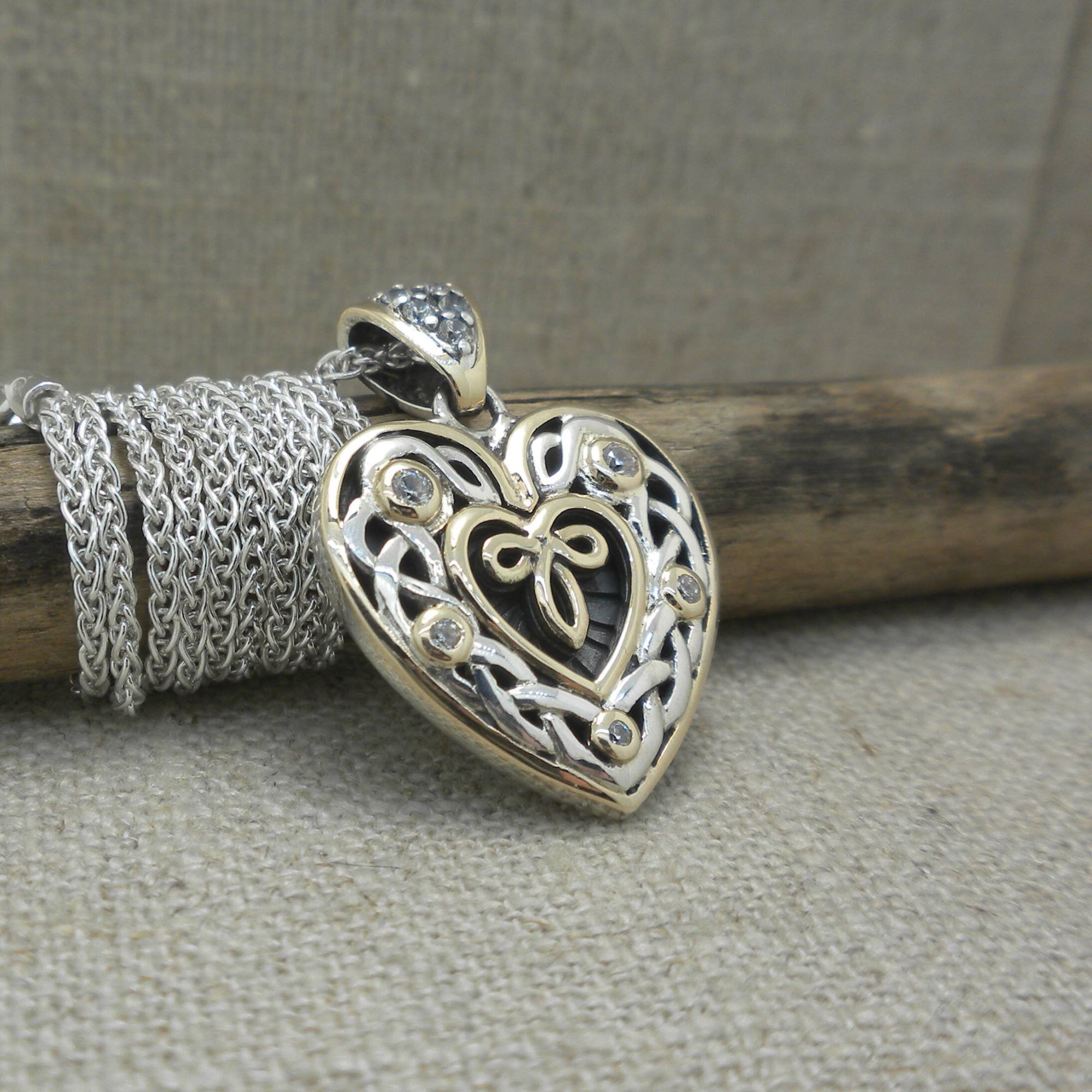 Sterling Silver and 10K Celtic Heart Pendant with CZ