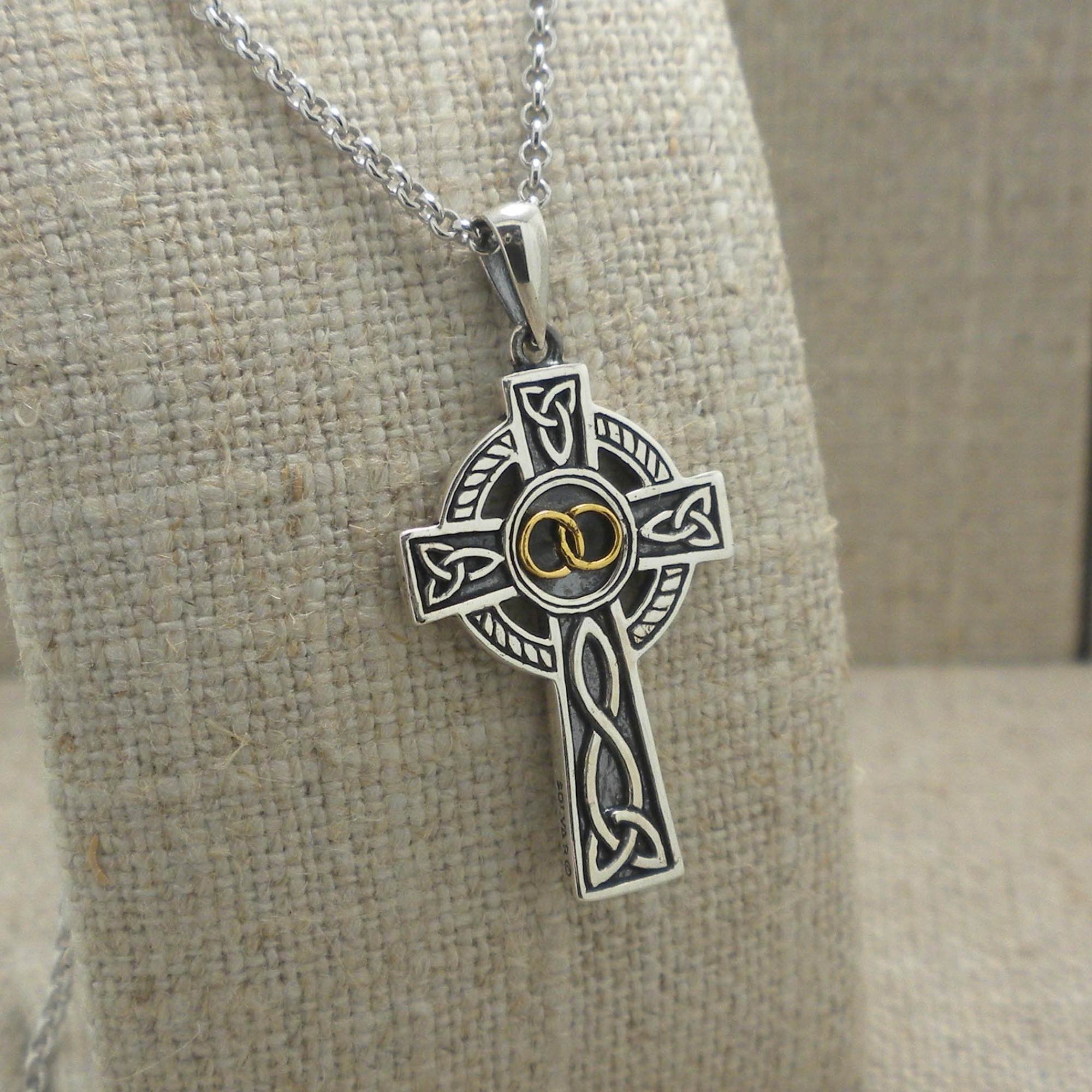 Small Sterling Silver Celtic Cross with Wedding Rings