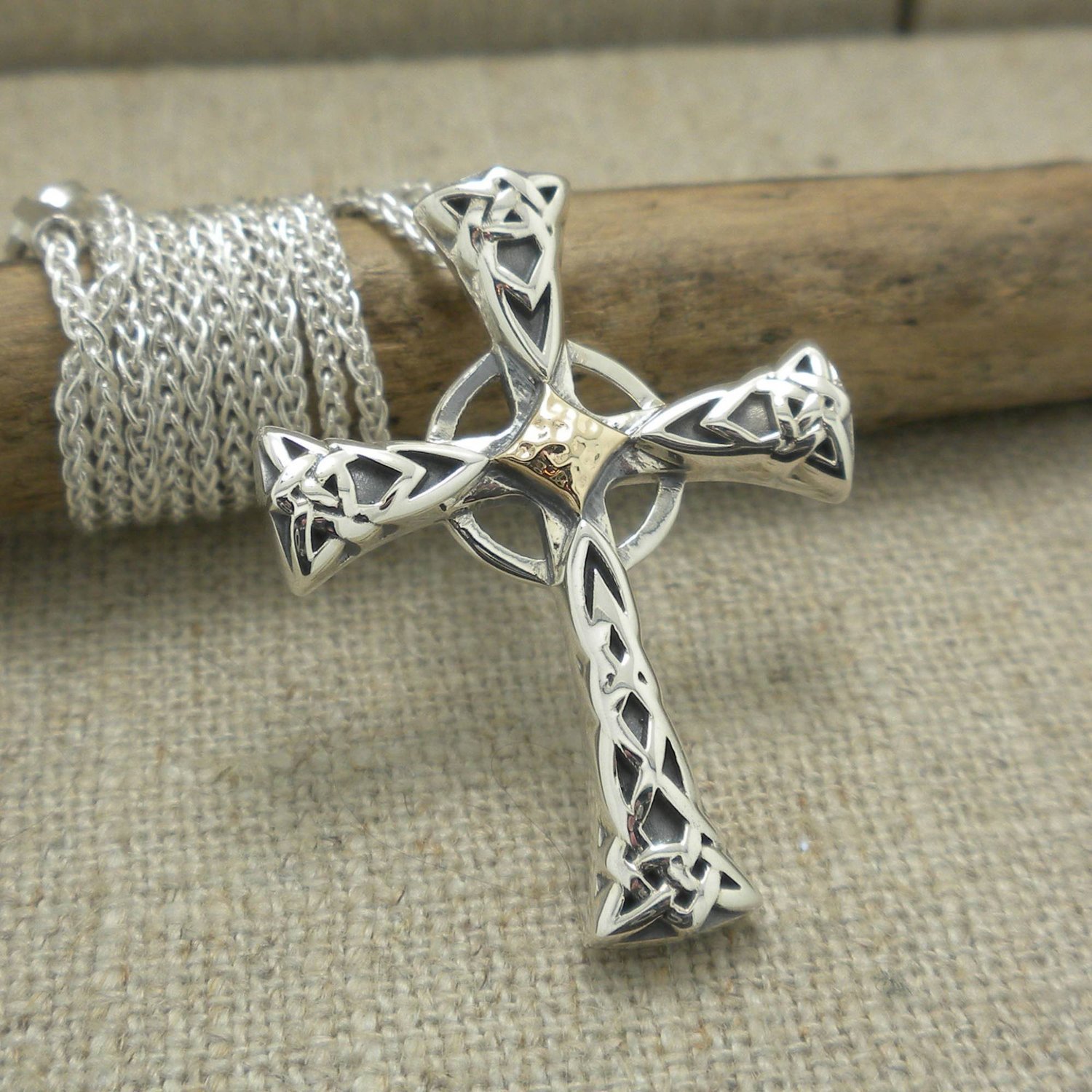 Small Sterling Silver Trinity Knot Cross with 10K Center