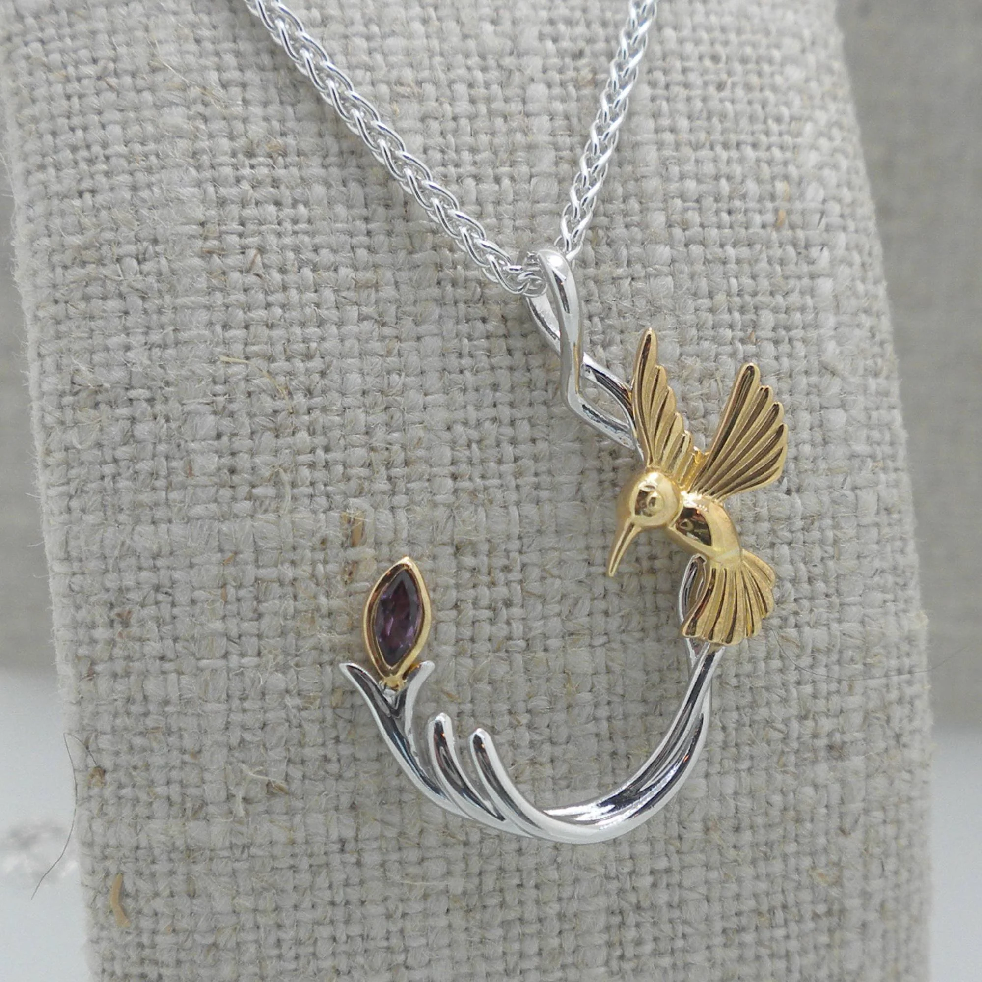 Silver & 10K Hummingbird Pendant with Rhodolite