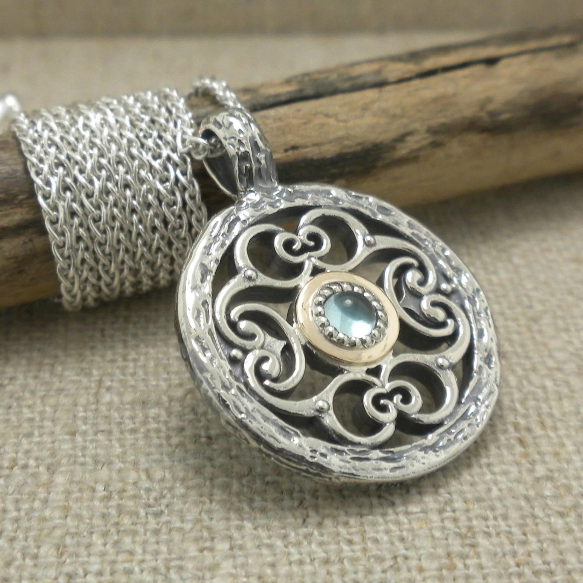 Sterling Silver and 10K Sky Blue Topaz Filigree Whirlpool Pendant