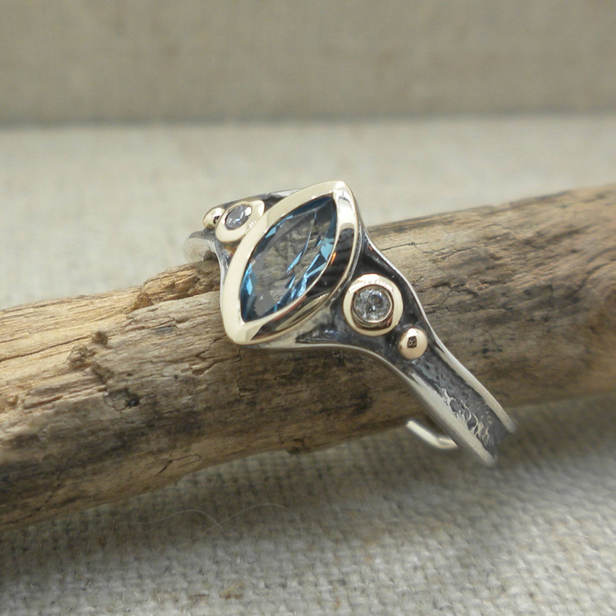 Sterling Silver &amp;10K Marquise Swiss Blue Topaz &amp; CZ Rocks 'N Rivers Ring