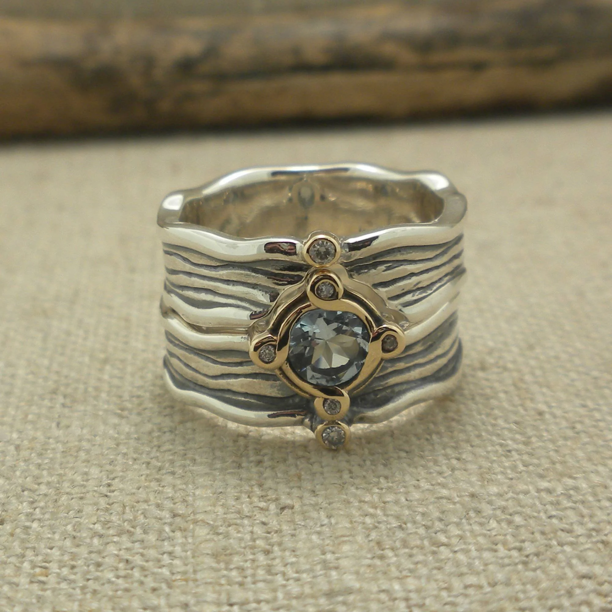 Sterling Silver & 10K Sky Blue Topaz & CZ Rocks 'N Rivers Ring Two Part Ring