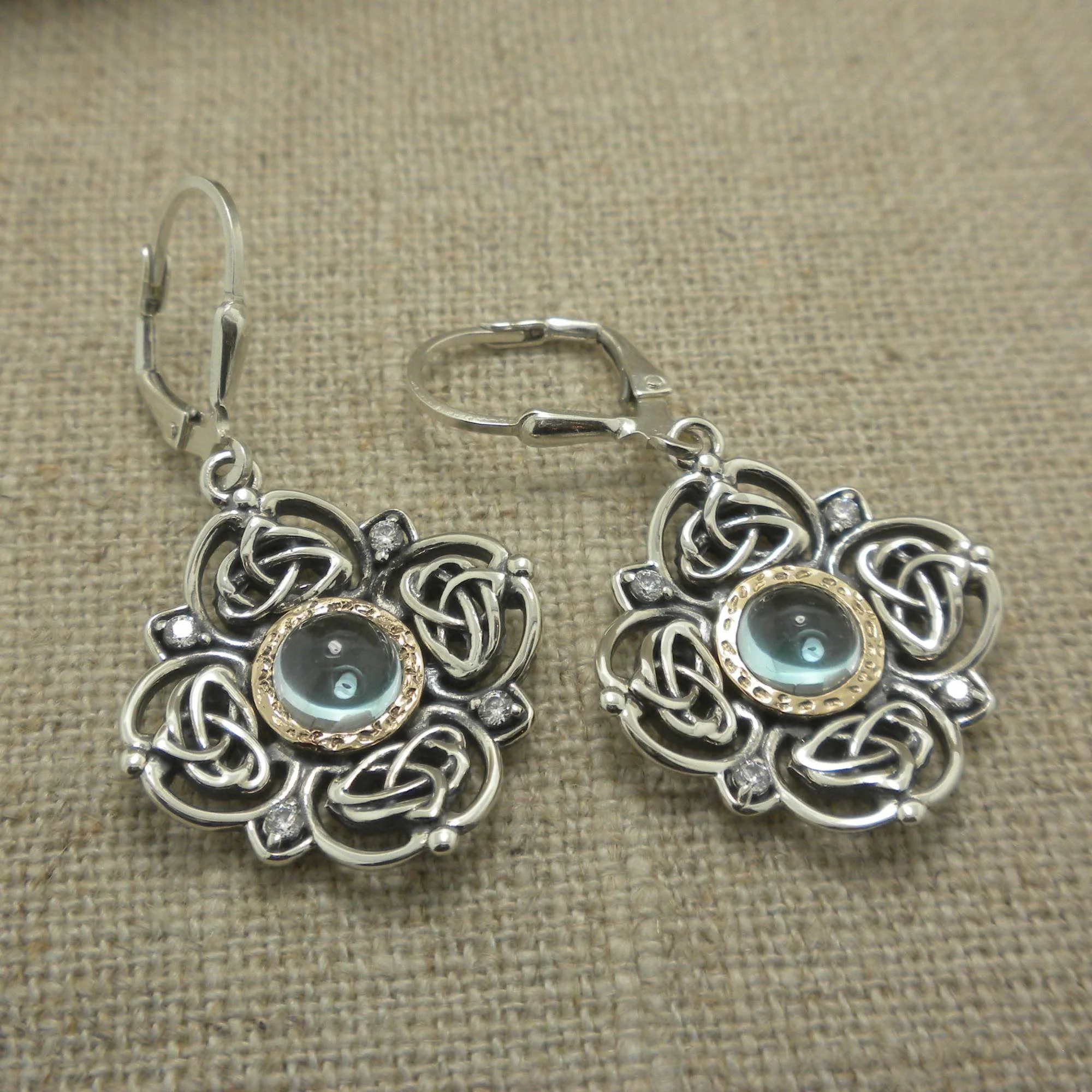 Sterling Silver and 10K Sky Blue Topaz Celtic Celestial Earrings