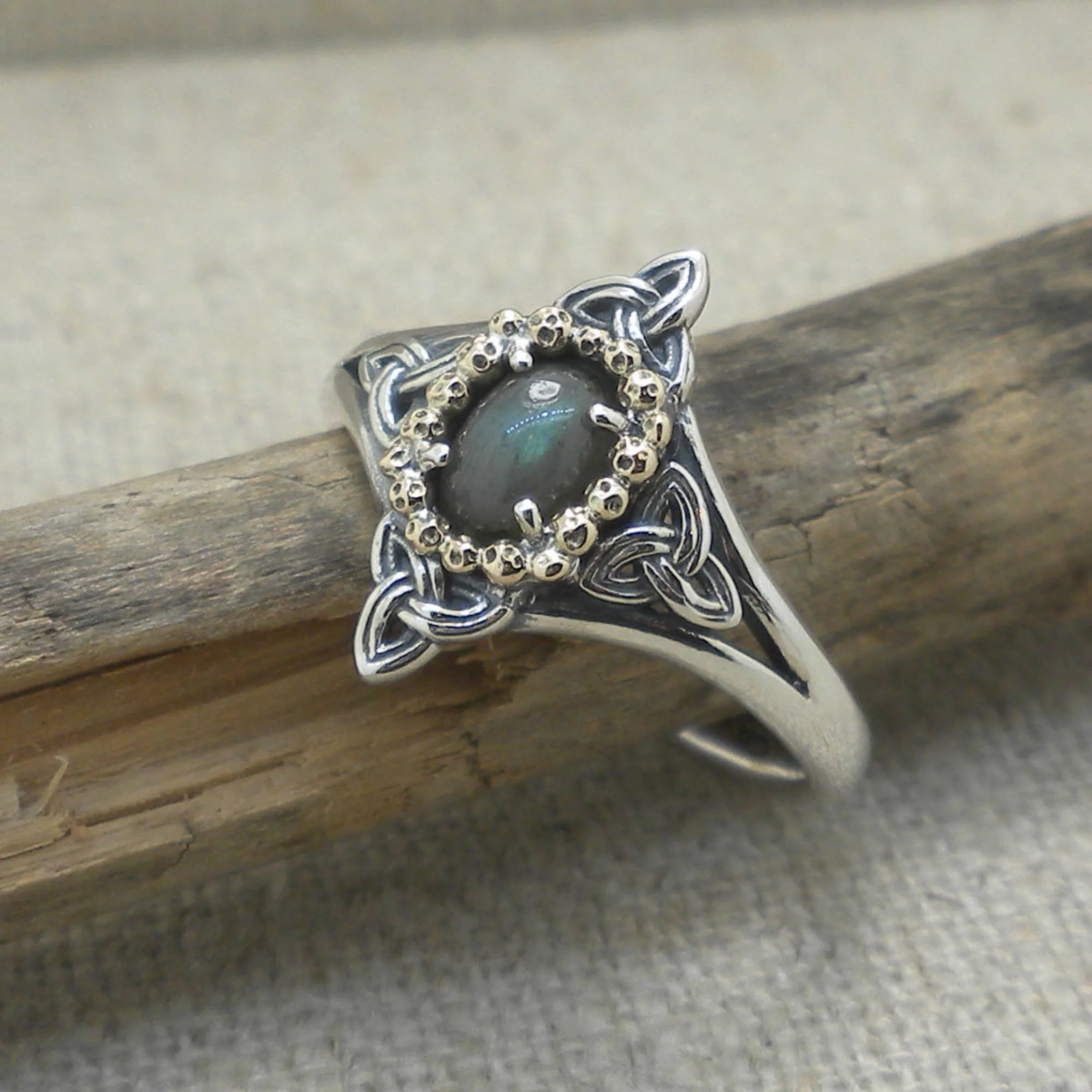 Sterling Silver & 10K Labradorite Celestial Ring with Trinity Knots