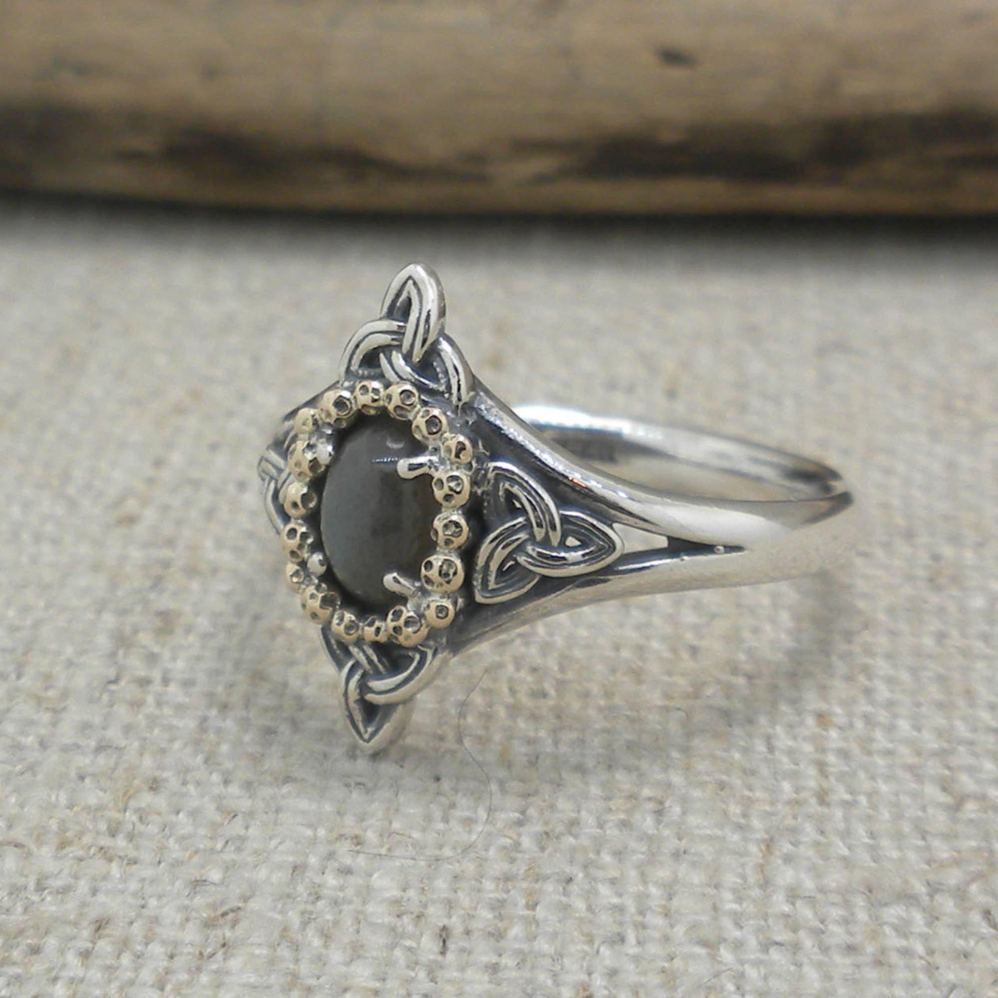 Sterling Silver &amp; 10K Labradorite Celestial Ring with Trinity Knots by Keith Jack